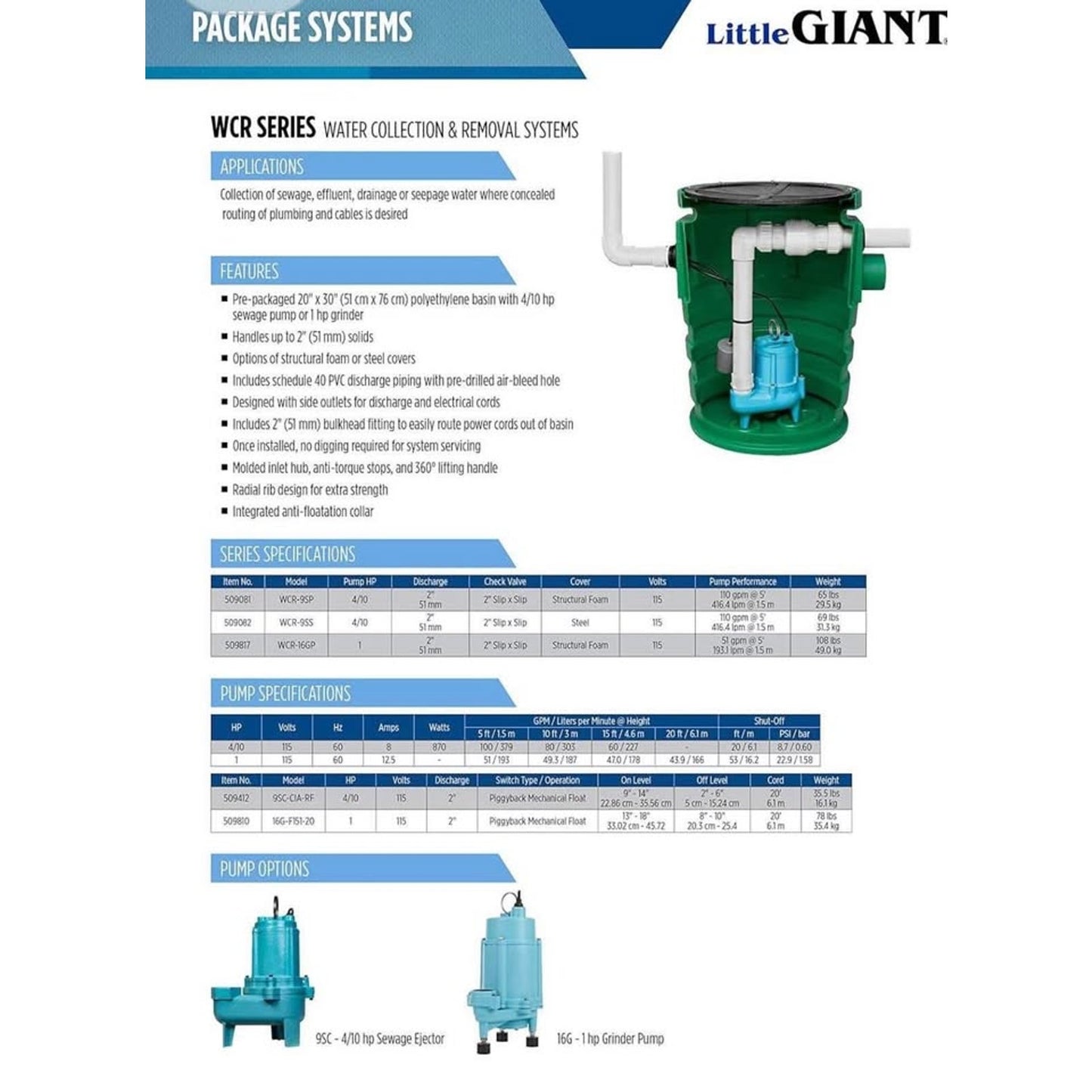 Little giant WCR-9SS 115 Volt, 4/10 HP, 4800 GPH Sewage/Effluent/Wastewater Collection and Removal S