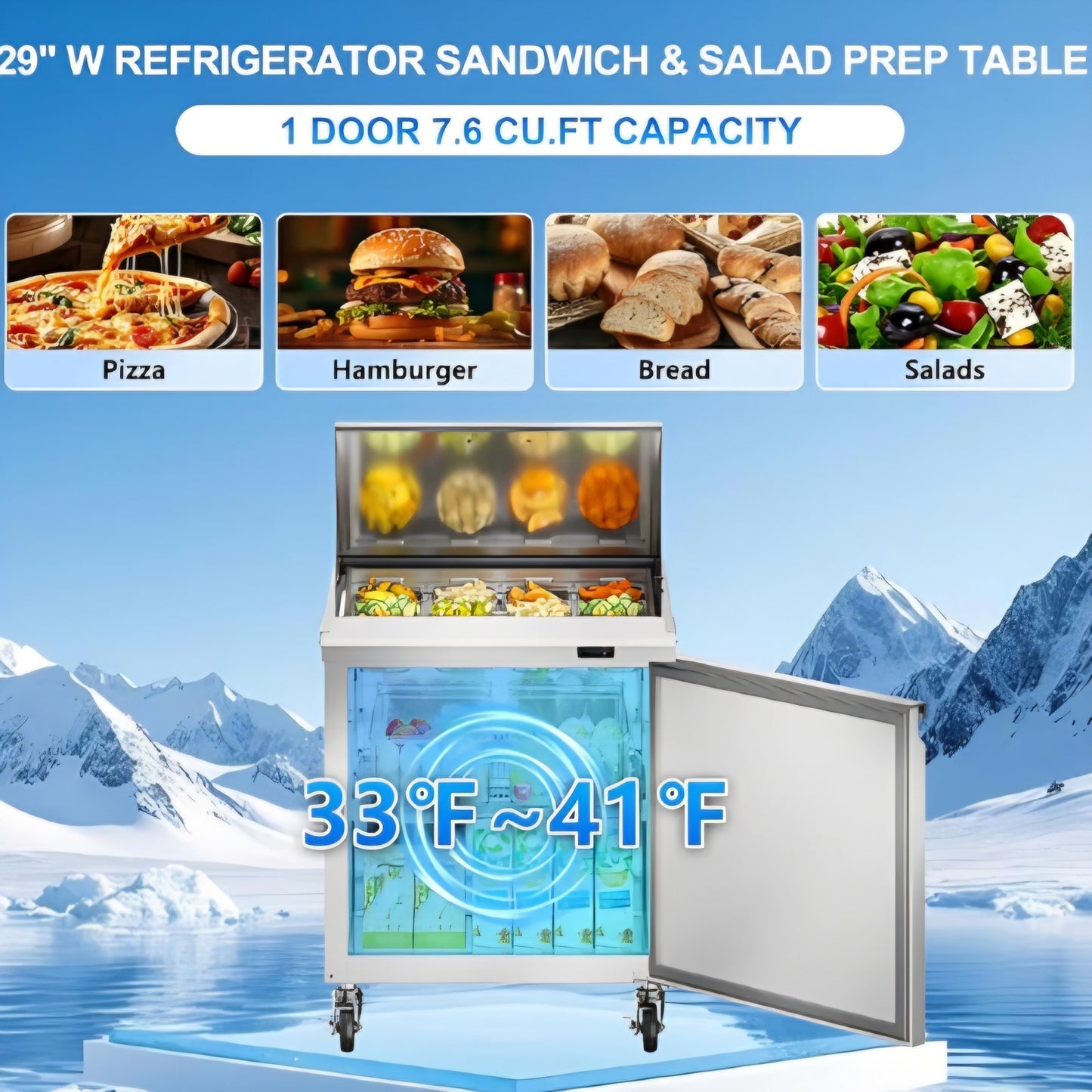 29" W Commercial Sandwich Salad Prep Table Mega Top Refrigerator, 7.6 Cu.ft Single Door Stainless