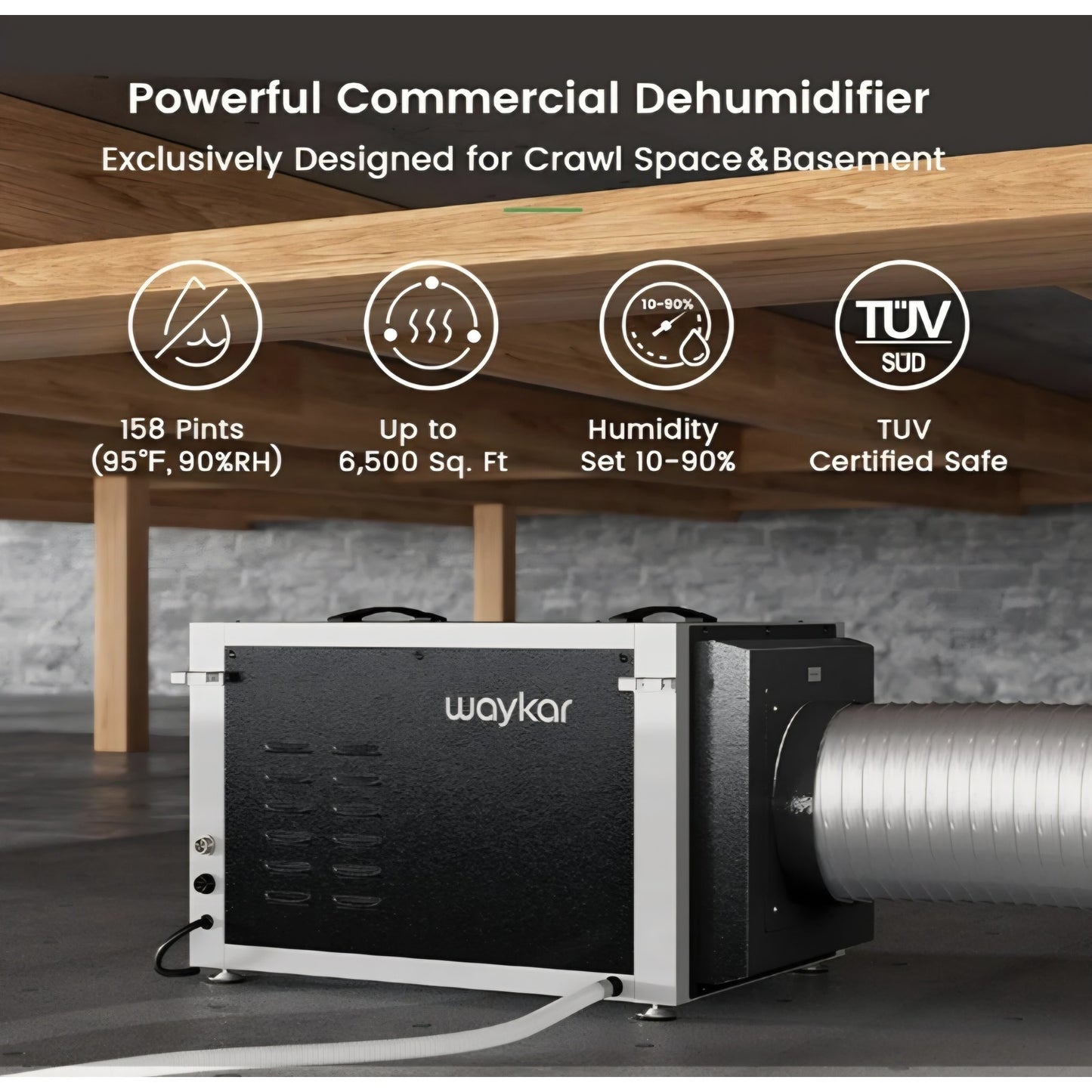 Waykar 158 Pints Crawl Space Dehumidifier with Remote Control up to 6,500 sq. ft., Dual Duct HVAC