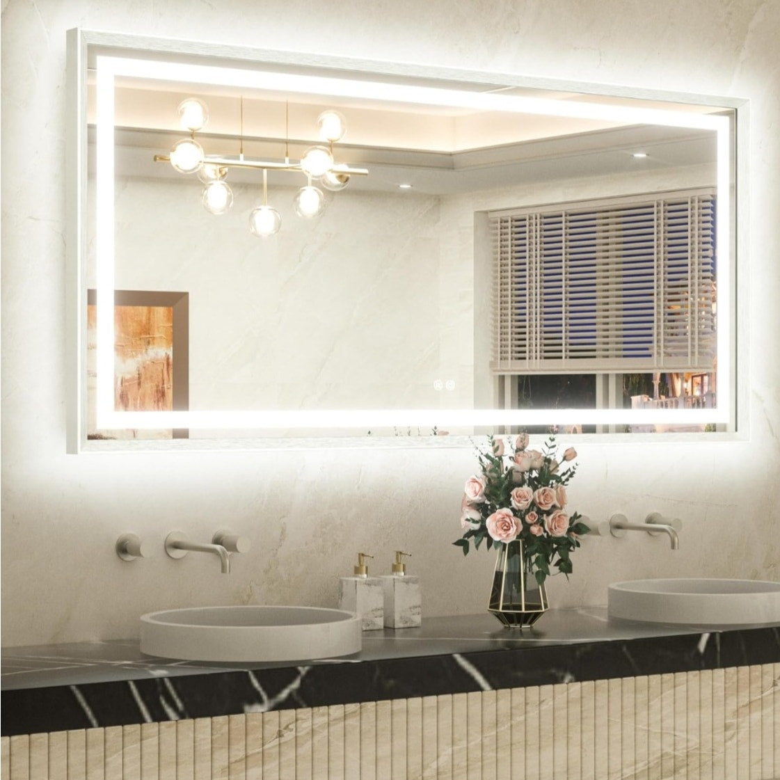 TETOTE 60 x 30 Large Bathroom Mirror Brushed Nickel Metal Frame Frontlit & Backlit Vanity Mirror
