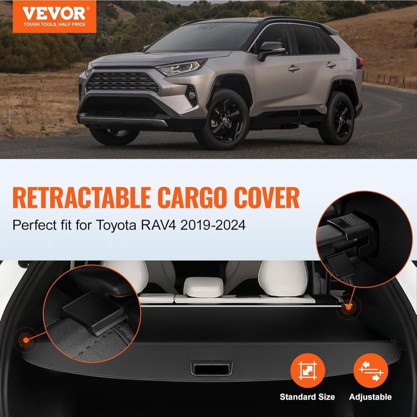 Cargo Cover for Toyota RAV4 2019-2024, Upgraded Waterproof Retractable Trunk Cover Security Shield Shade for Toyota, UV Resistant Rear Trunk Cover with Aluminum Alloy & PVC Material