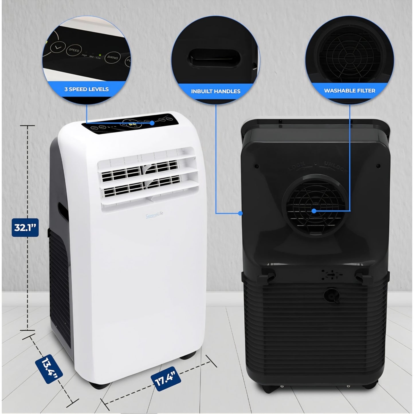 SereneLife Small Air Conditioner Portable 12,000 BTU with Built-in Dehumidifier + Heat - Portable