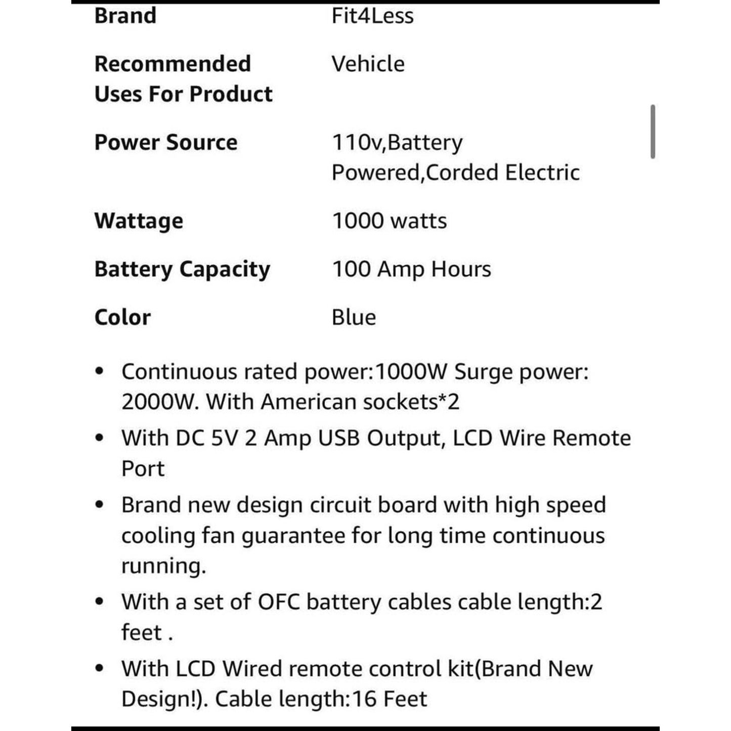 Pure Sine Wave Power Inverter 1000W DC12V to AC 110V with Dual sockets and USB, LCD Remote kit. (100