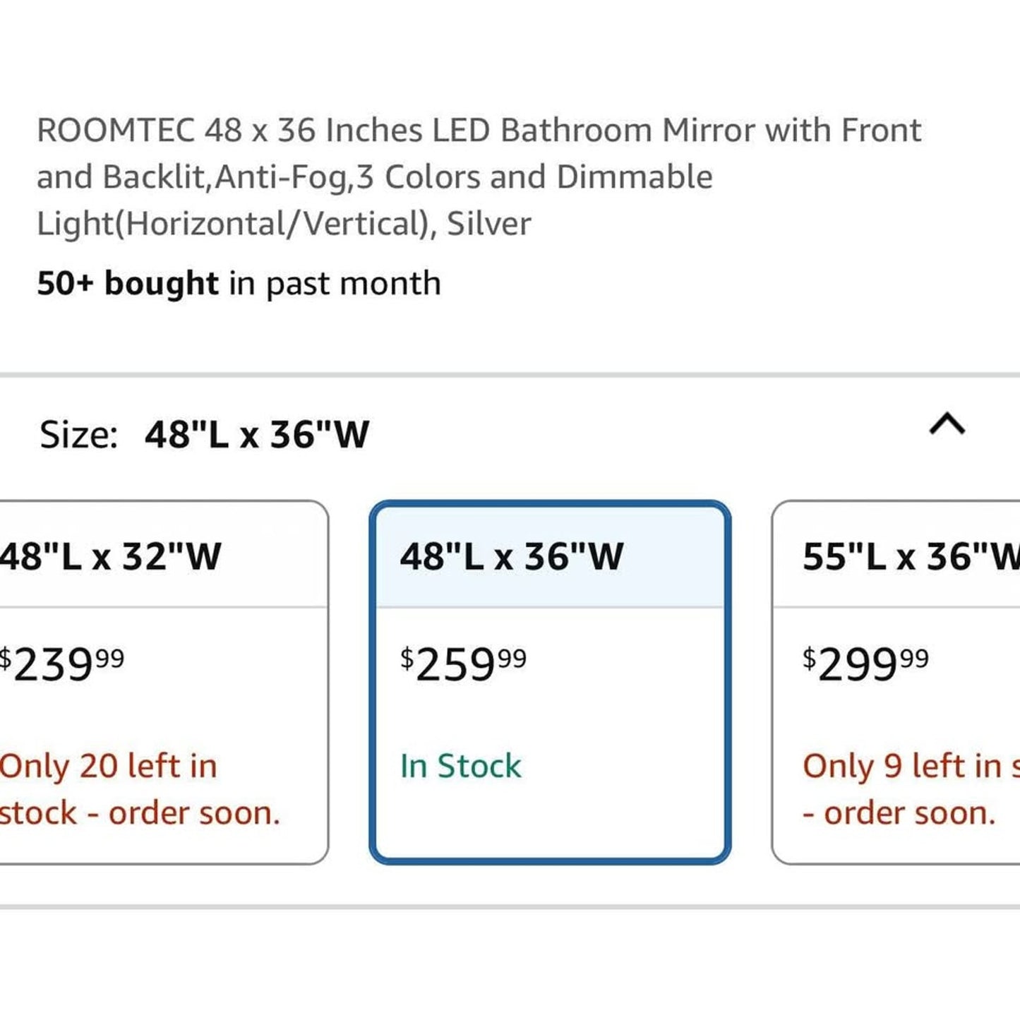 ROOMTEC 48 x 36 Inches LED Bathroom Mirror with Front and Backlit,Anti-Fog,3 Colors and Dimmable Lig