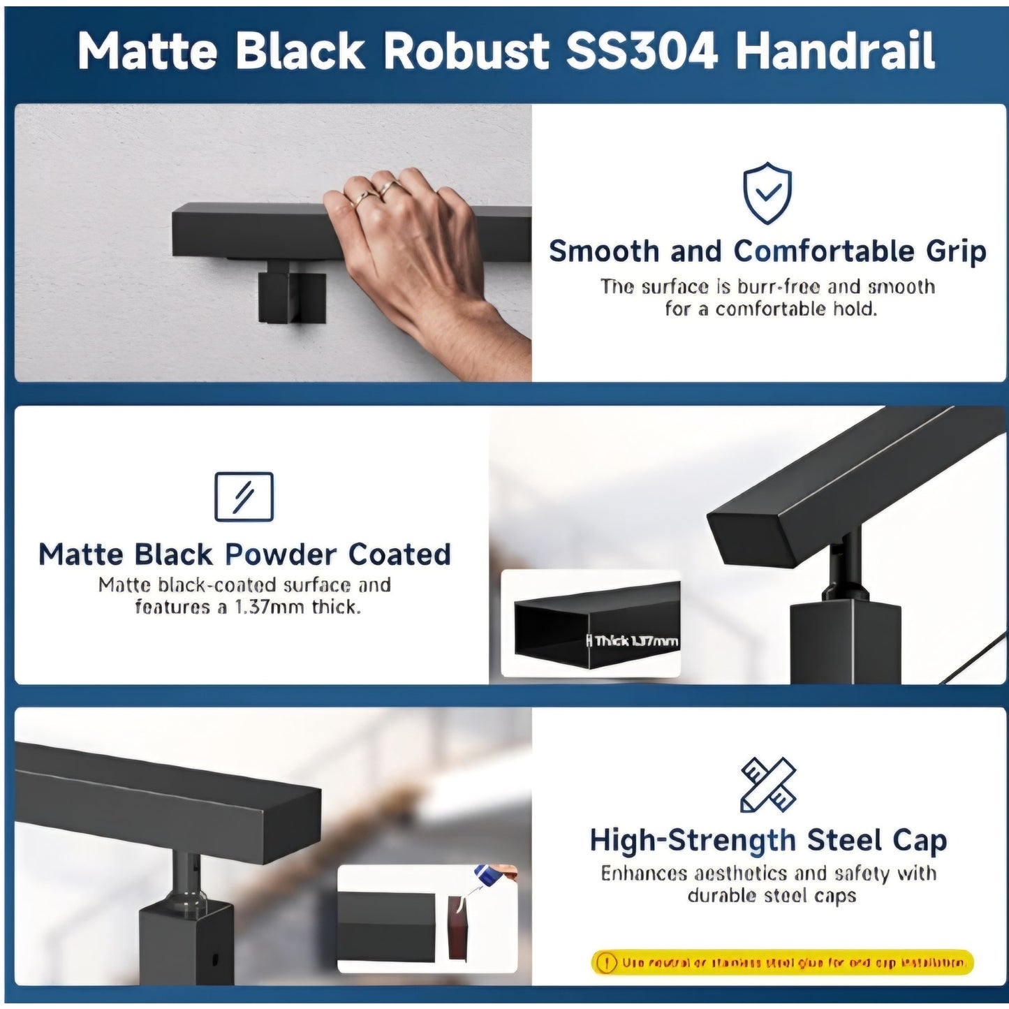 10FT Stainless Steel T304 Black Handrail, Rectangular Cuttable Handrail Flat Top Rail