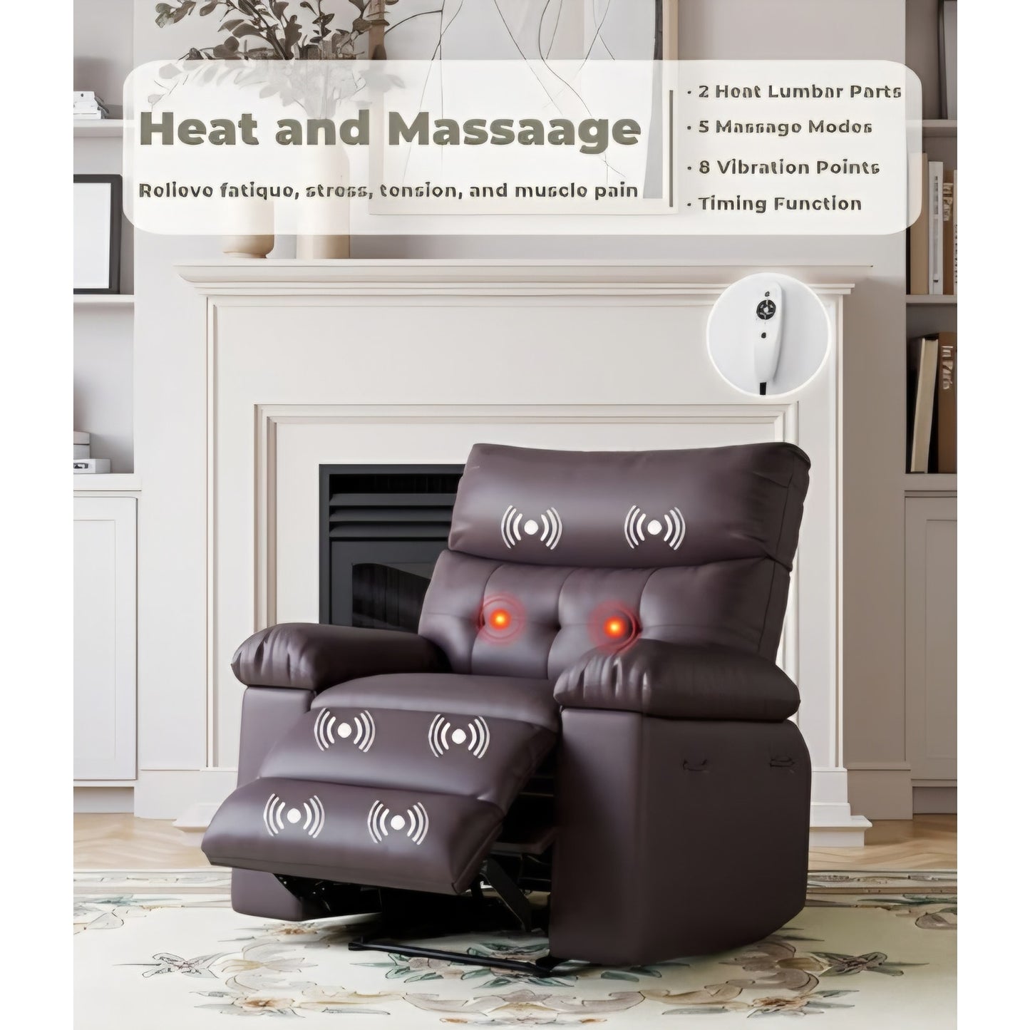 Oversized Leather Recliner Chair - Heat and Massage, Swivel Rocker Manual Recliner for Adults