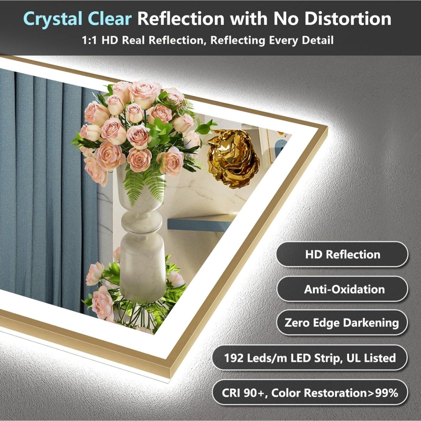 84x32 Gold Framed LED Bathroom Mirror with Lights, Backlit + Front Lit, Anti-Fog Lighted Vanity