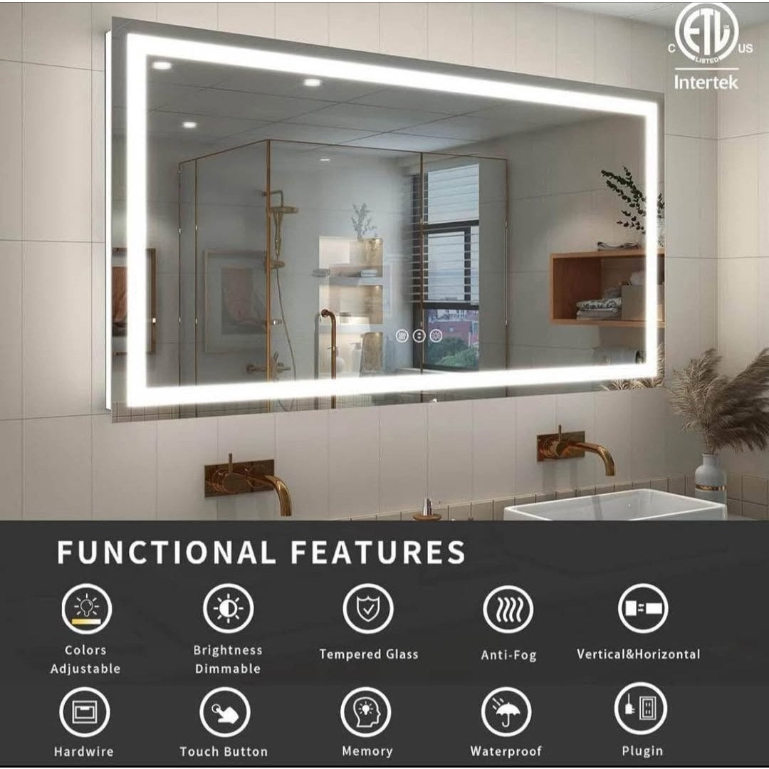 Led Bathroom Mirror 60x36, Large Illuminated Dimmable Vanity Mirror with Lights, Backlit and Front