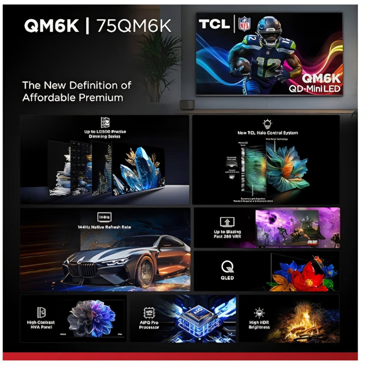 TCL 75 Inch Class QM6K Series | Mini LED QLED 4K HDR | 75QM6K, 2025 Model | 120HZ-144HZ