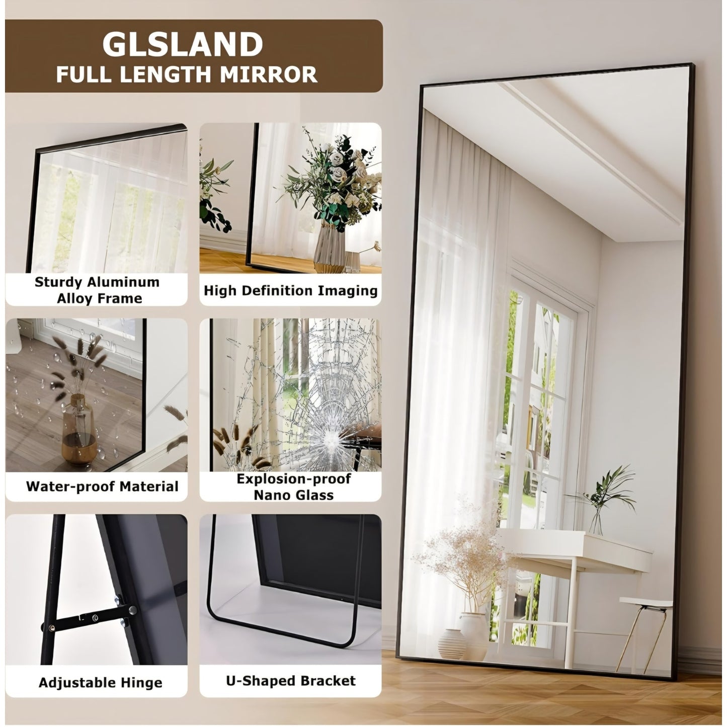 GLSLAND 76"x34" Full Length Mirror Extra Large Hanging or Leaning Rectangle Mirror Aluminum Alloy