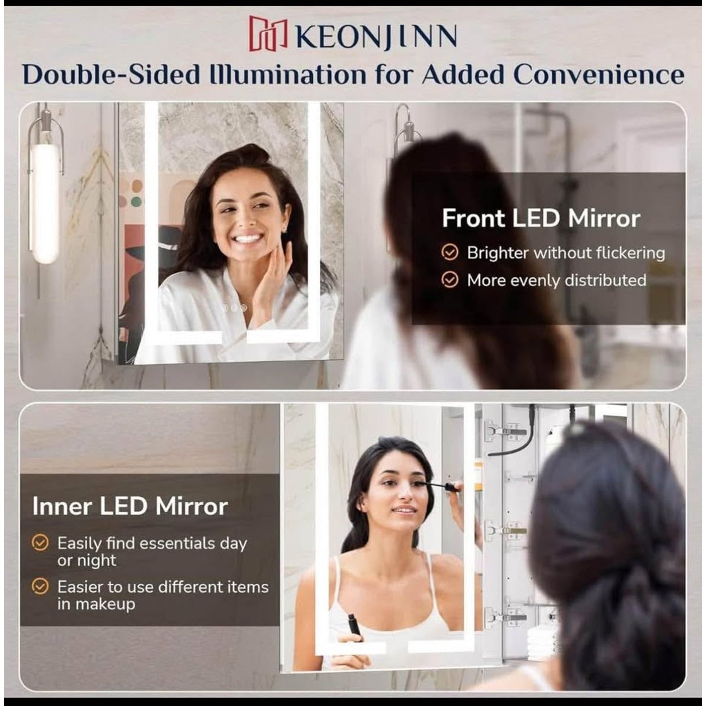 Keonjinn 24 x 32 Lighted Medicine Cabinet with Defogger and Outlets, Medicine Cabinet with Lights 3
