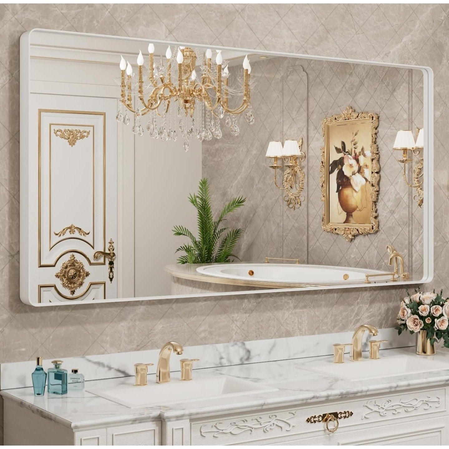 LOAAO 72x40 Inch White Metal Framed Bathroom Mirror for Wall, White Bathroom Vanity Mirror Farmhous