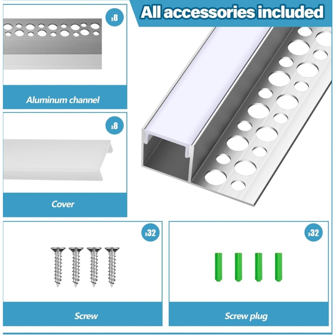 8 Pcs 6.6ft/ 2 Meter Plaster in LED Channel Trimless Single Sided LED Diffuser Channel Recessed