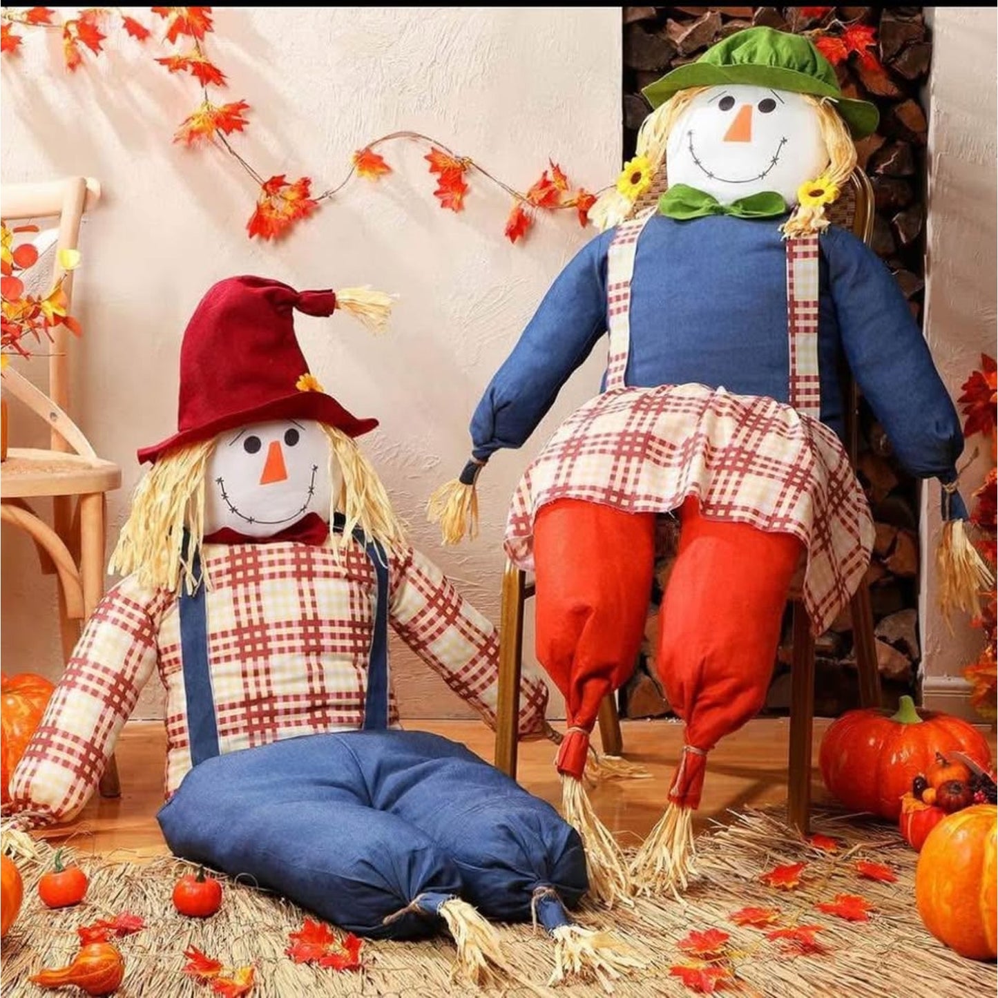 2 Pcs 64 Inches Harvest Sitting Scarecrow Large Scarecrow Garden Scarecrows for Indoor Outdoor Fall