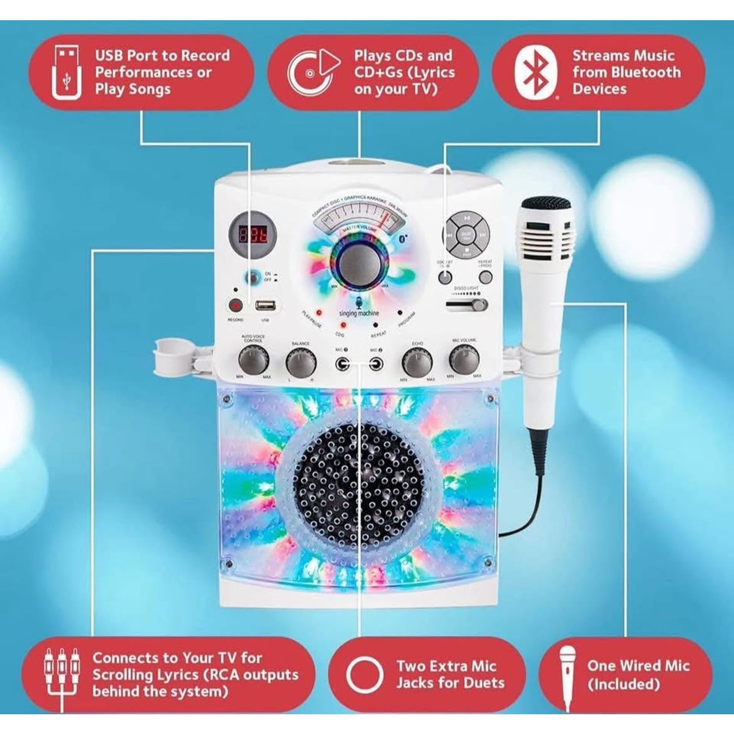 Singing Machine Portable Karaoke Machine for Adults & Kids with Wired Microphone, White - Built-In S