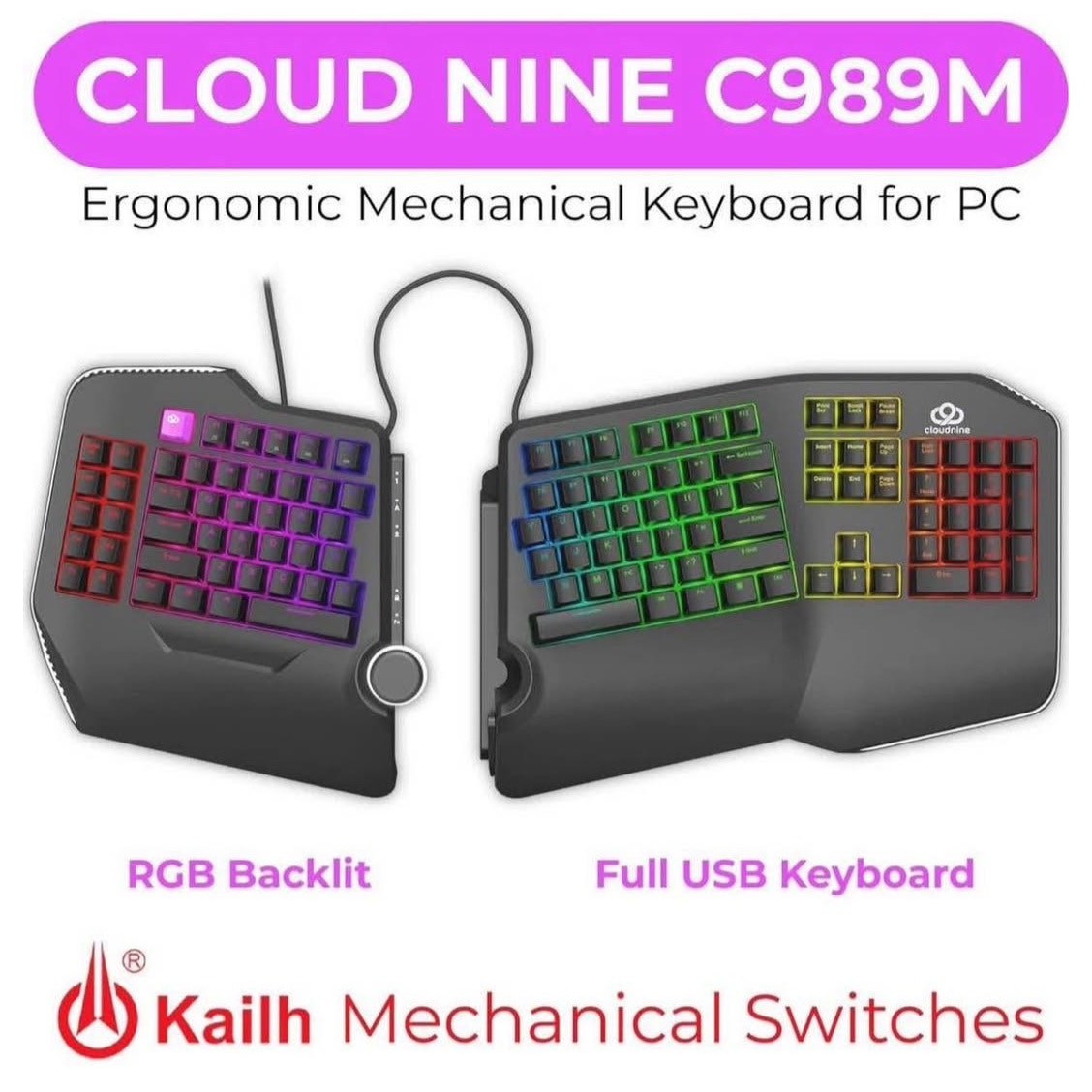 Cloud Nine C989M Ergonomic Mechanical Keyboard for PC - Kailh Tactile Brown Switches