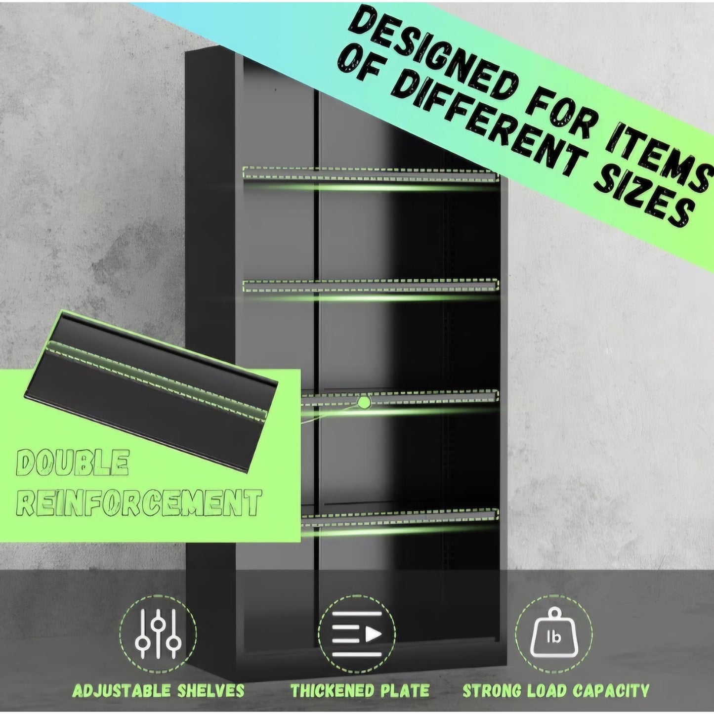 Black Metal Storage Cabinet, 72" Locking Steel Cabinets with 2 Door and 4 Adjustable Shelves