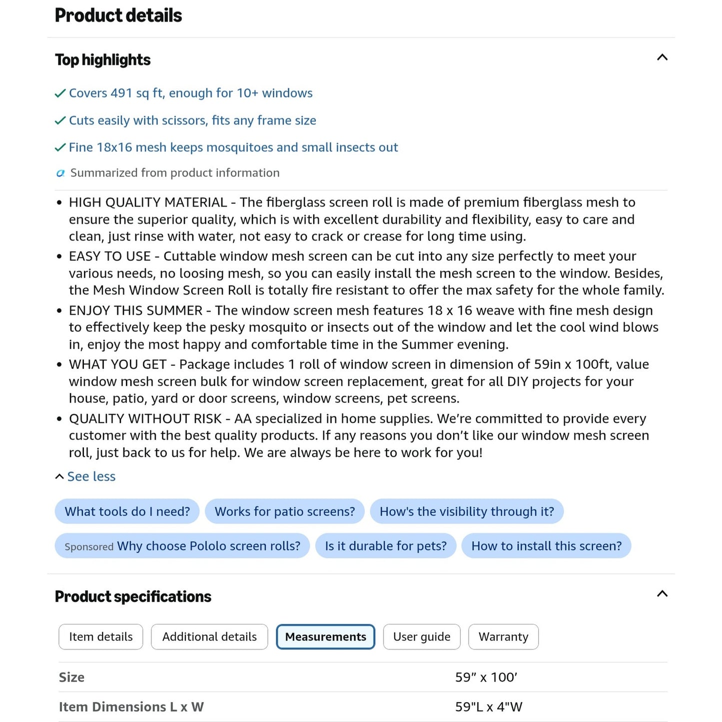 Pololo Fiberglass Screen Roll High Visibility and Durable Screen 59"x100'