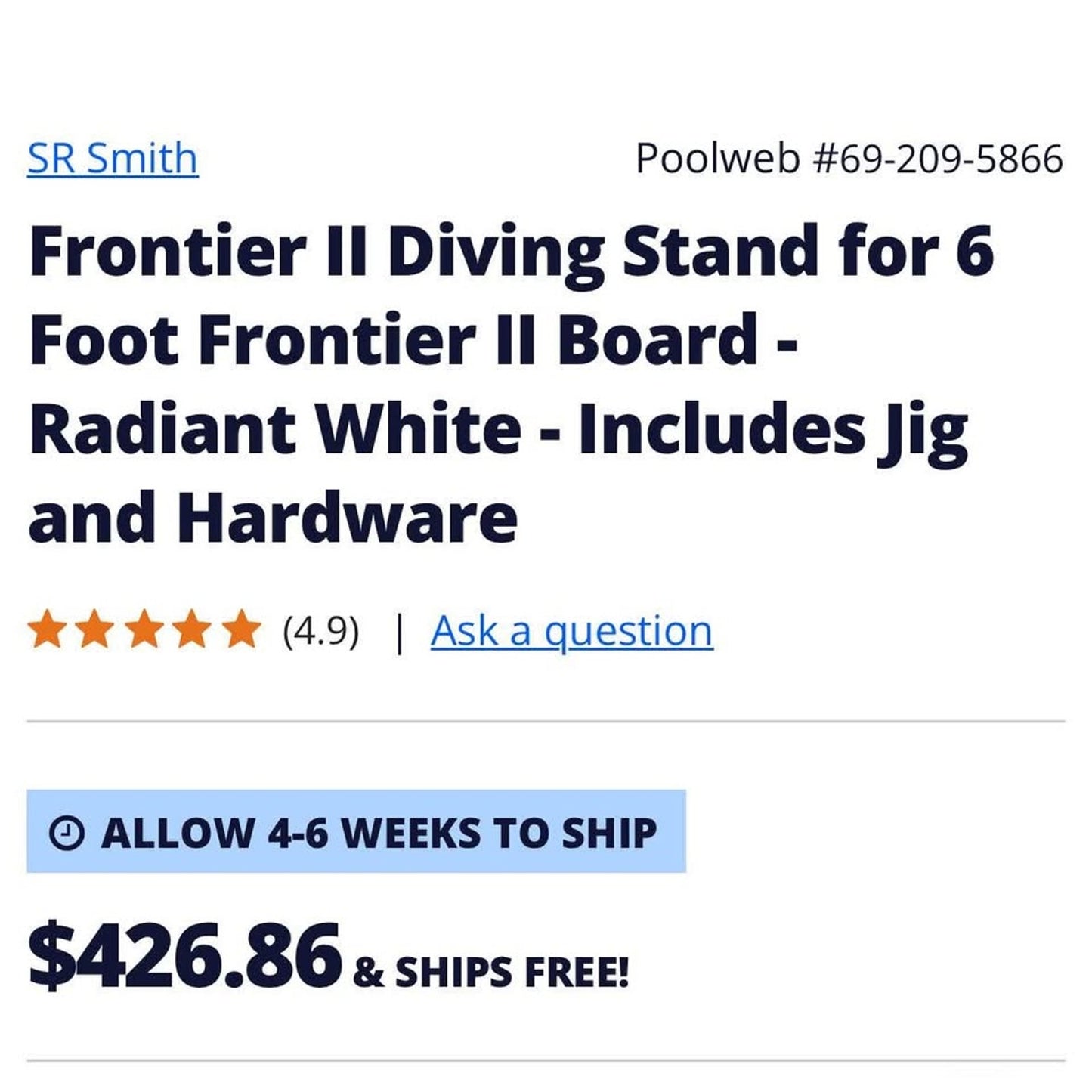 Frontier II Diving Stand for 6 Foot Frontier II Board - Radiant White - Includes Jig and Hardware