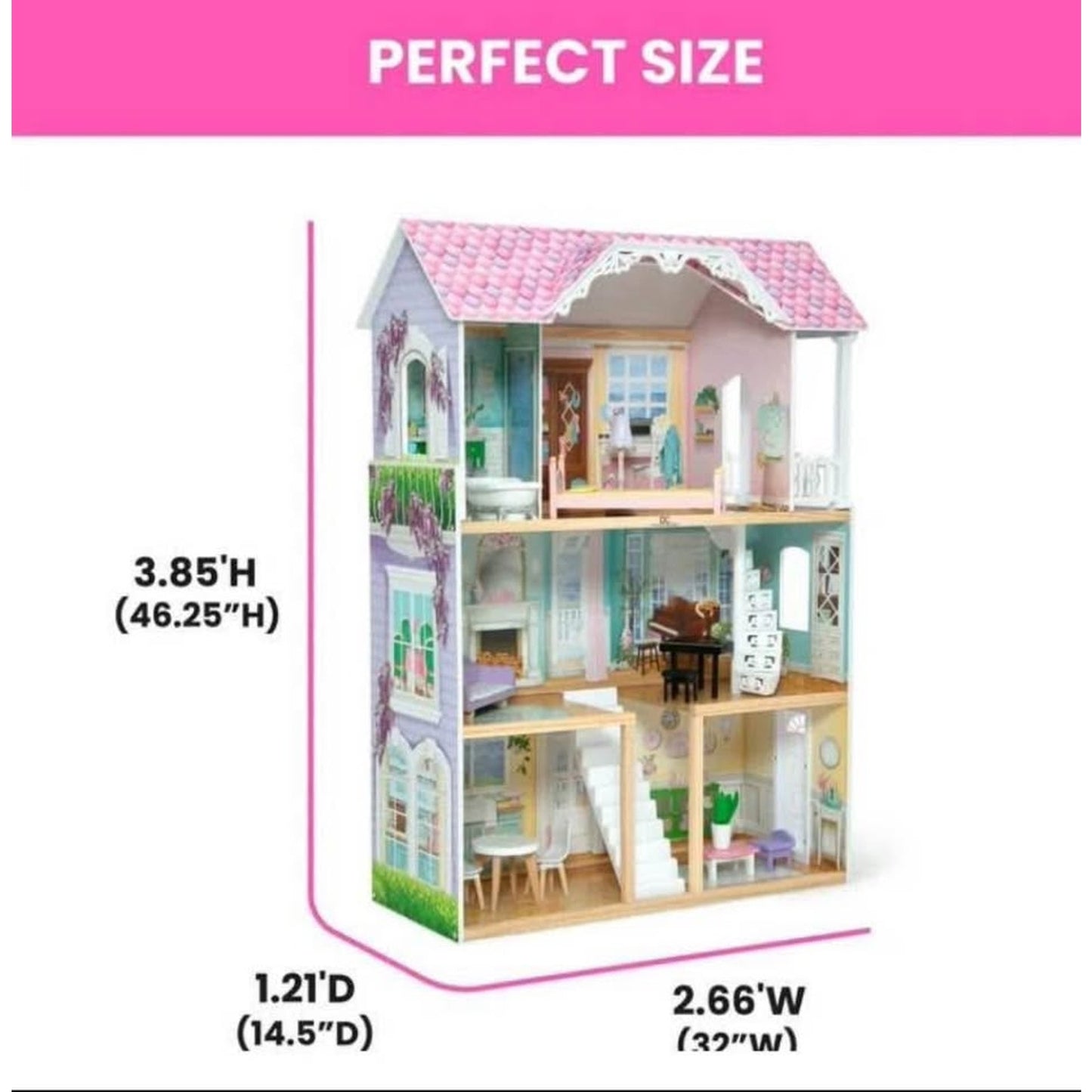 Delta Children MySize Dollhouse - Large Wooden 3-Story Dollhouse with 7 Rooms Includes 12 Accessorie