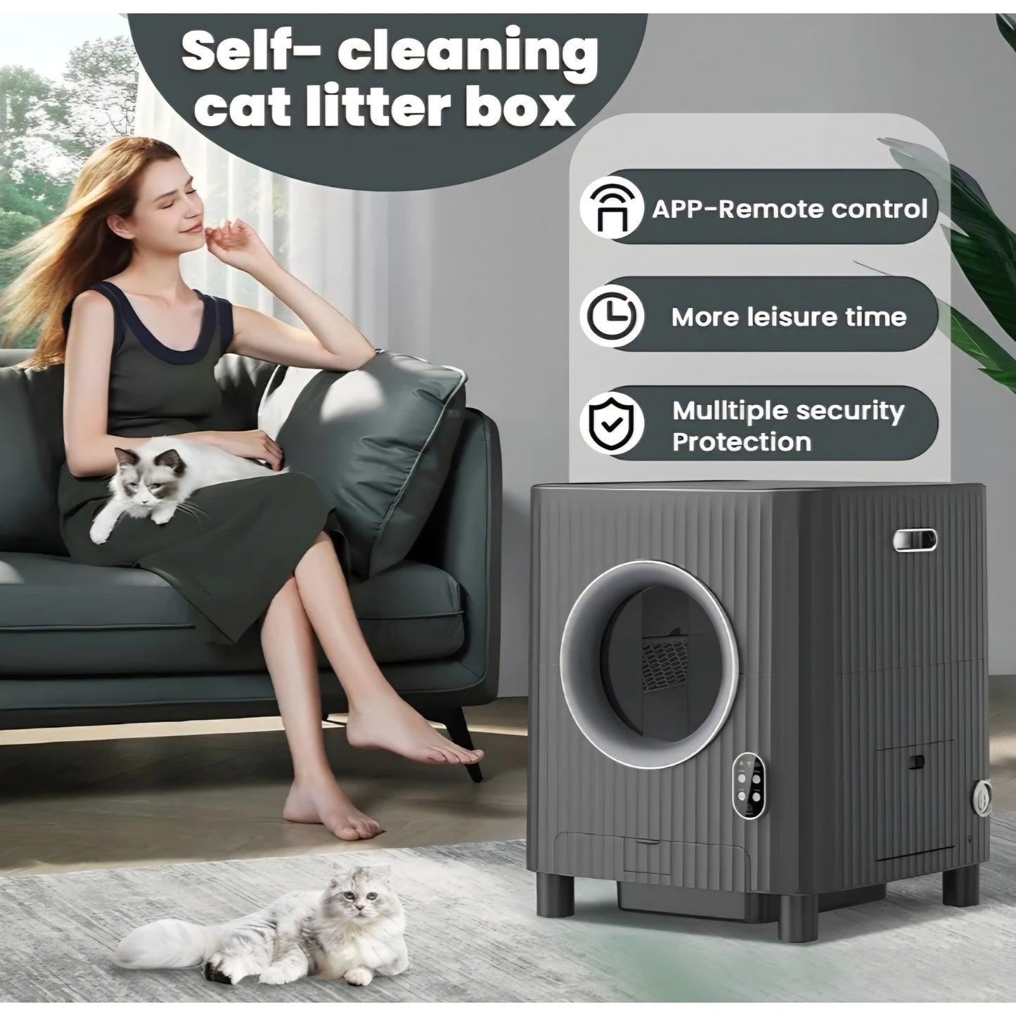 Self Cleaning Cat Litter Box,Electric Entrance Door Automatic Cat Litter Box,Video Monitor,