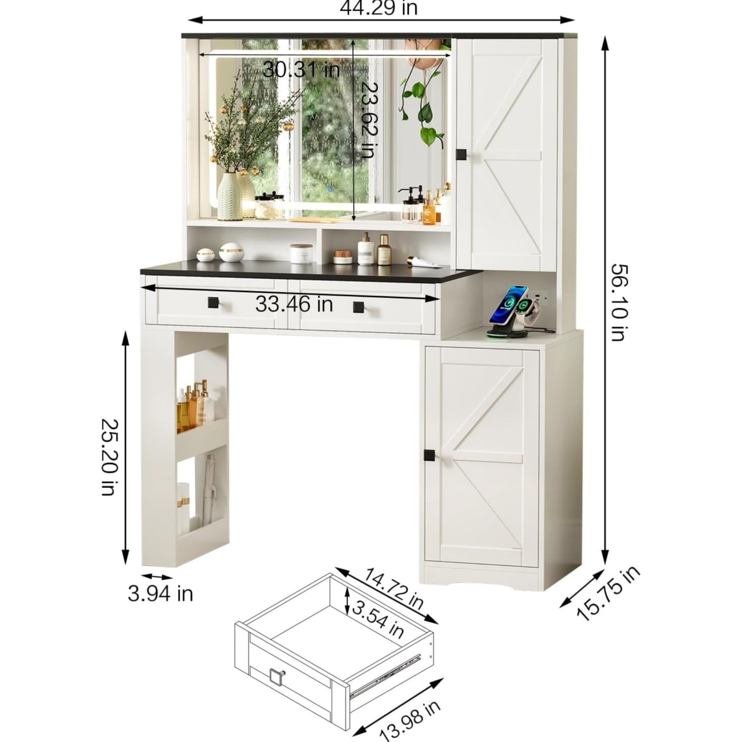 Farmhouse Makeup Vanity Desk with Mirror and Lights,Glass Top Vanity Desk with Power Outlet,Makeup
