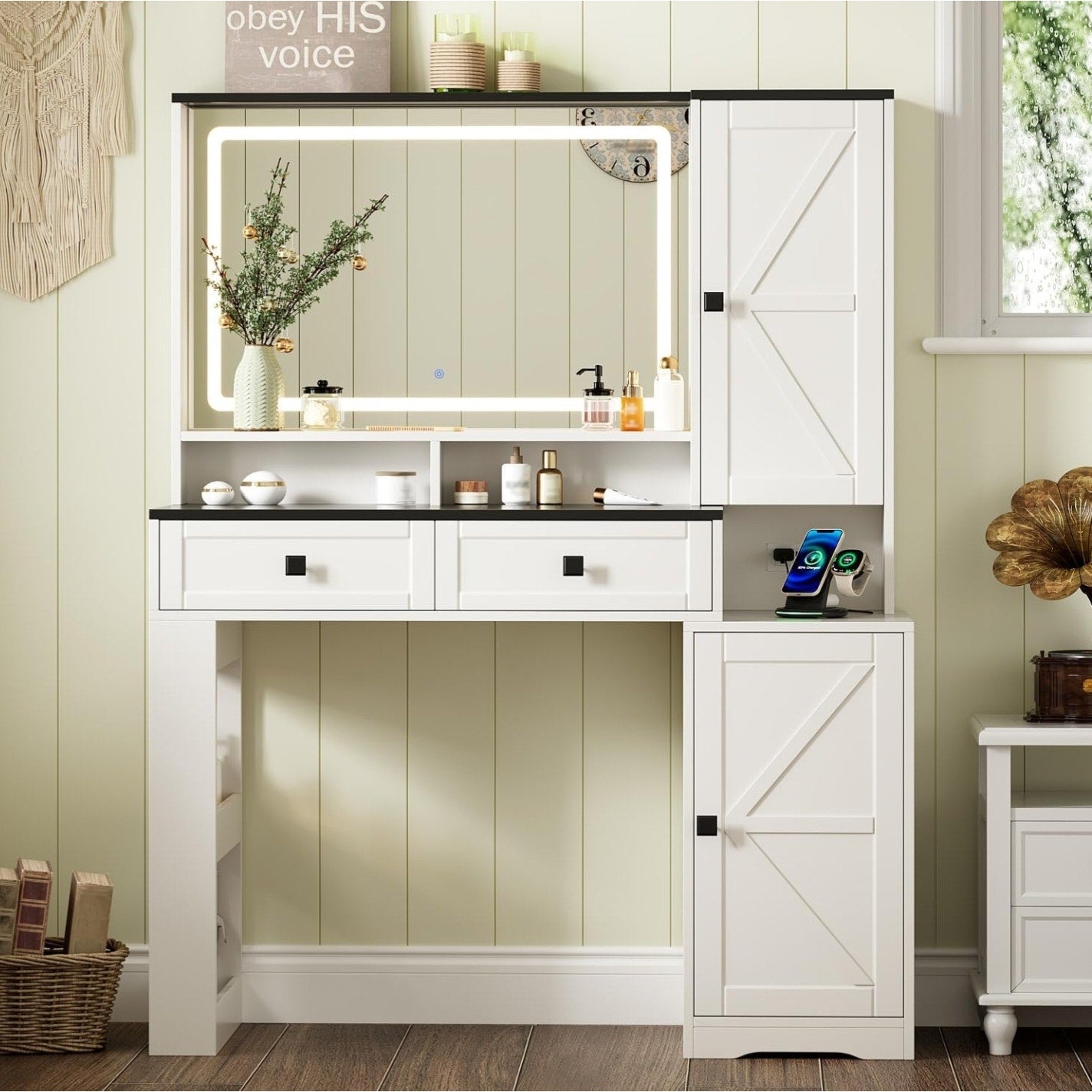 Farmhouse Makeup Vanity Desk with Mirror and Lights,Glass Top Vanity Desk with Power Outlet,Makeup