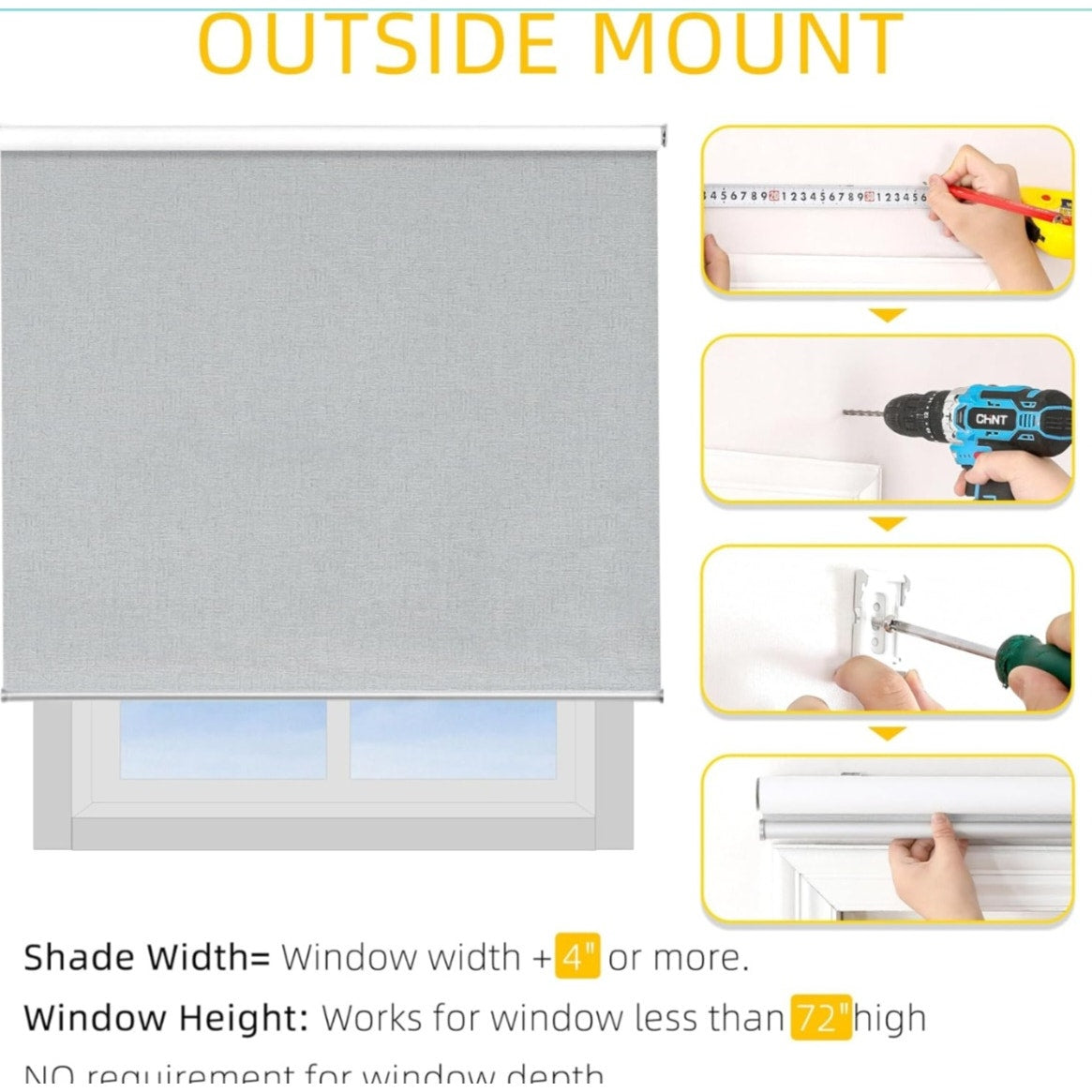 ChrisDowa Cordless 100% Blackout Roller Shade. Light Grey, 56"W x 72"H