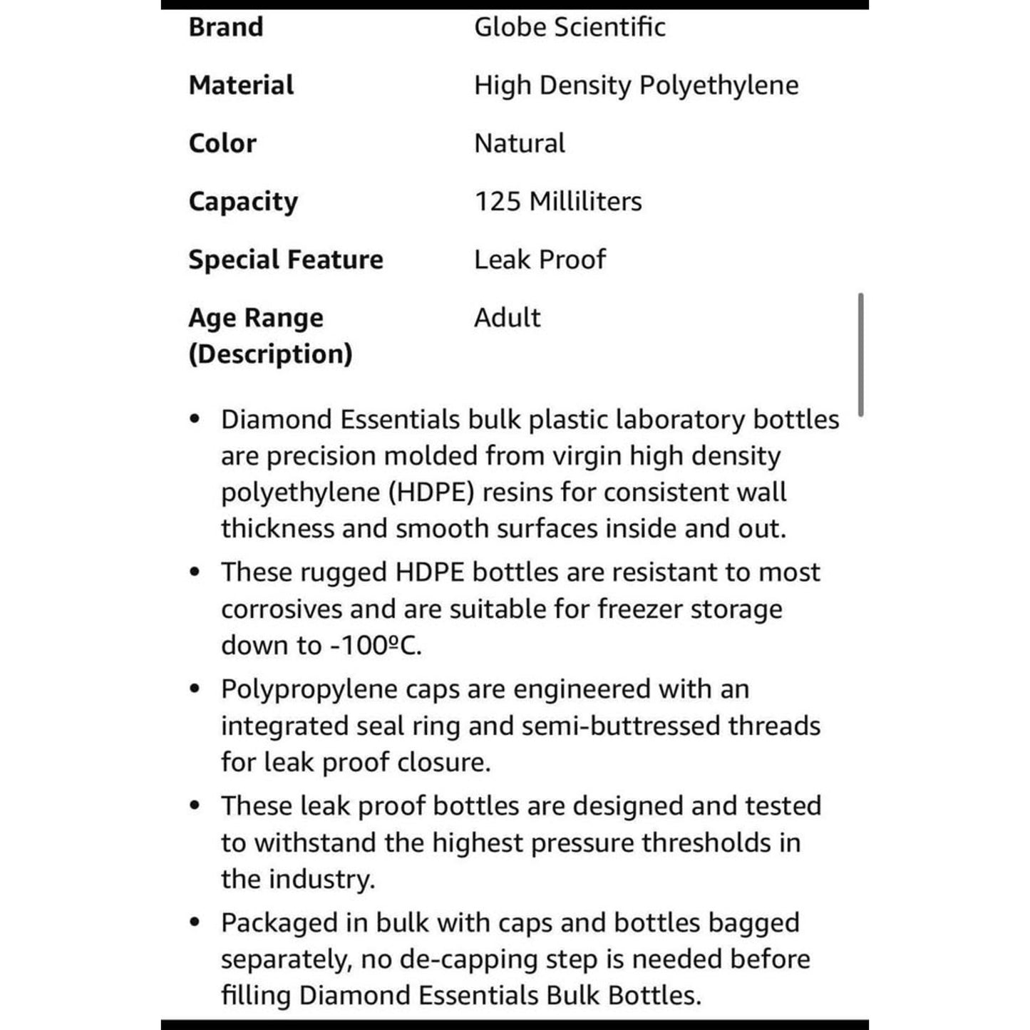 Diamond Essentials Bottle, Narrow Mouth, Boston Round, HDPE with PP Closure, 125mL, Bulk Packed with