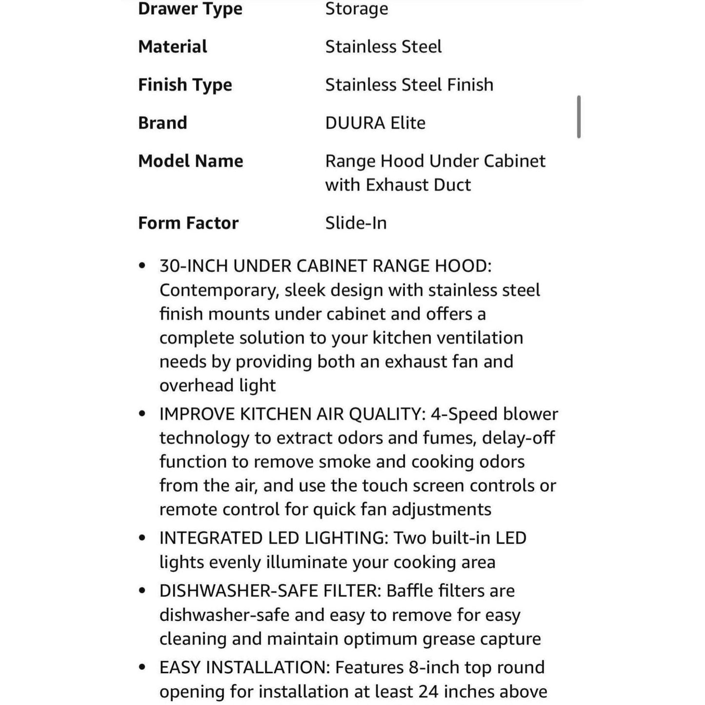 DE300RHSSS Range Hood Under Cabinet with Exhaust Duct Touchscreen LED Lights 4-Speed
