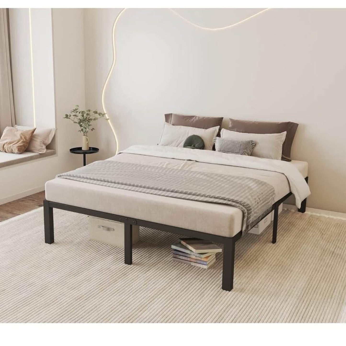 ROIL 14 inch Queen Size Bed Frame with Wood Slats - 3500lbs Heavy Duty No Box Spring Needed Platform