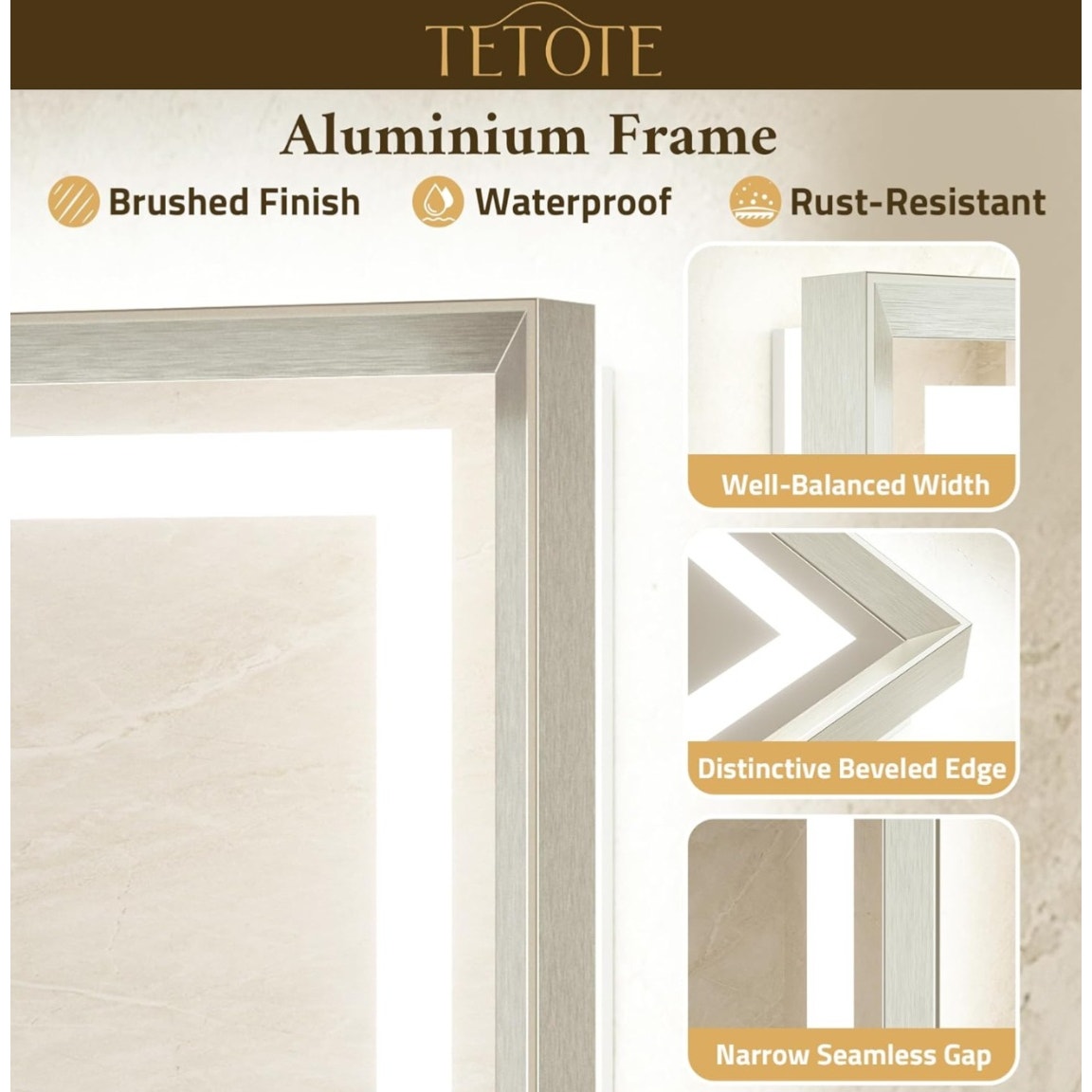 TETOTE 60 x 30 Large Bathroom Mirror Brushed Nickel Metal Frame Frontlit & Backlit Vanity Mirror