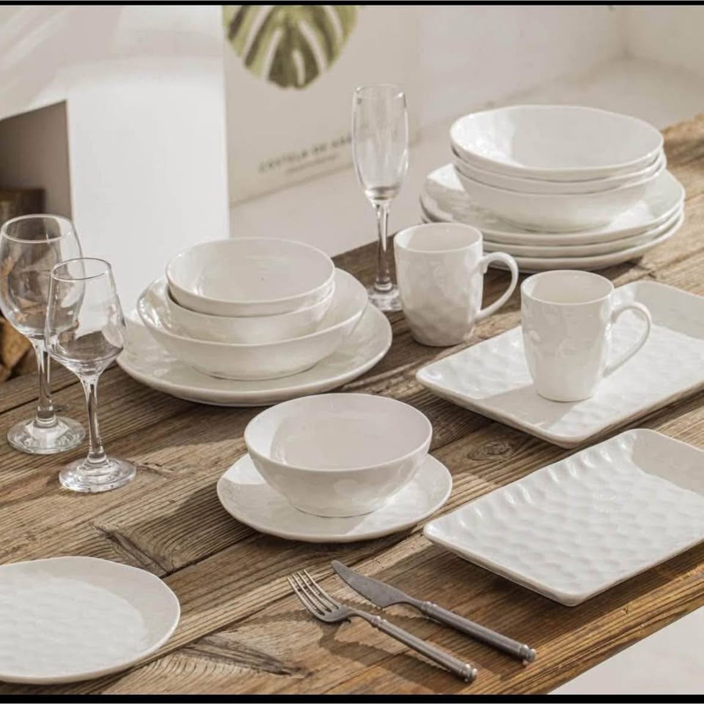 White Dinnerware Set 16 Piece Service for 4, Porcelain Dinnerware Sets, Over Size Bowls and Plates S