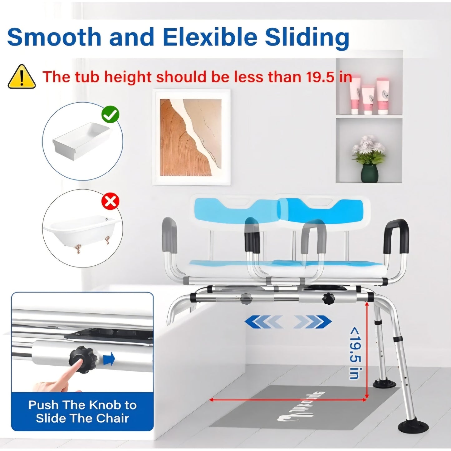 Sliding Shower Chair,Height Adjustable Tub Transfer Bench,360° Shower Swivel Seat,Bath and Shower