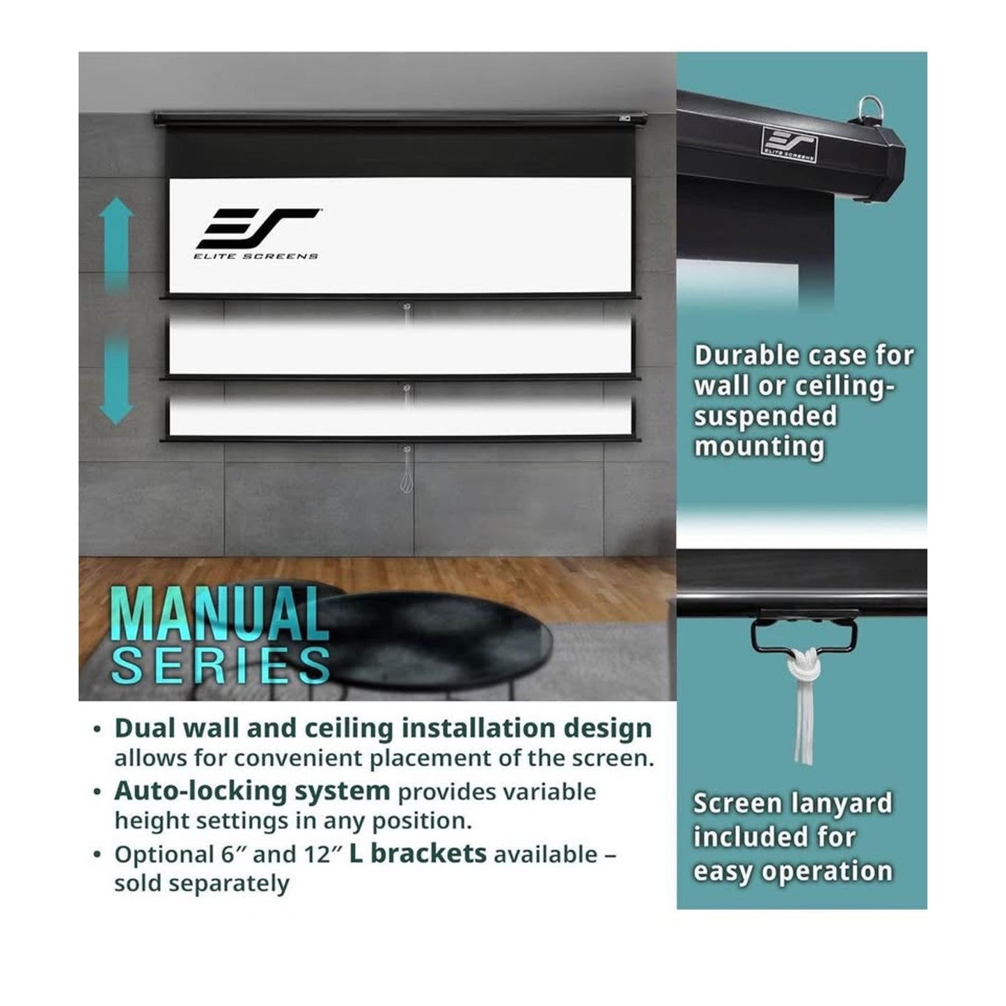 Elite Screens Manual Series, 142-INCH 16:9, Pull Down Manual Projector Screen with AUTO LOCK, Movie