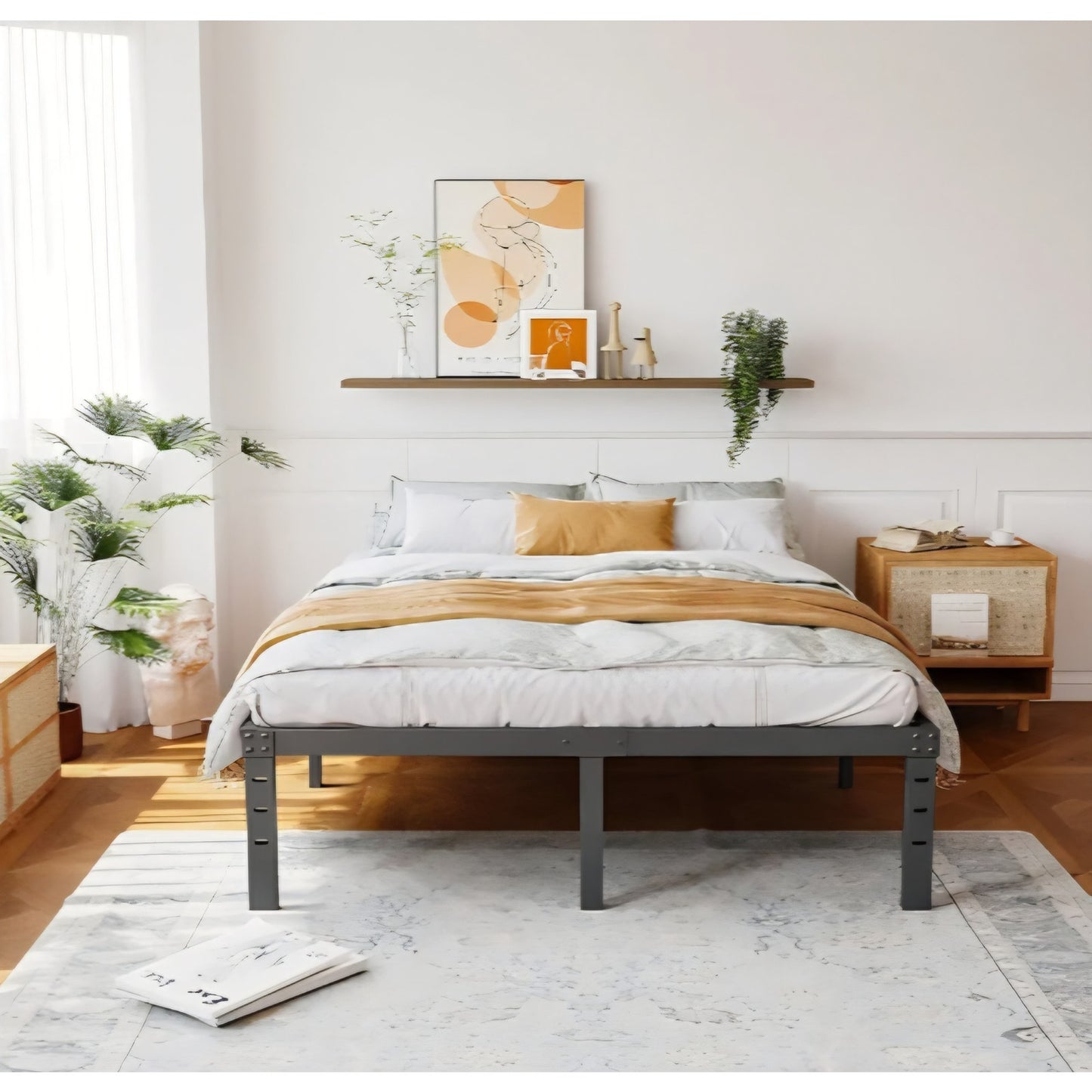 ZIYOO Queen Size Bed Frame 18 Inches Tall, 3 Inches Wide Wood Slats with 3500 Pounds Support