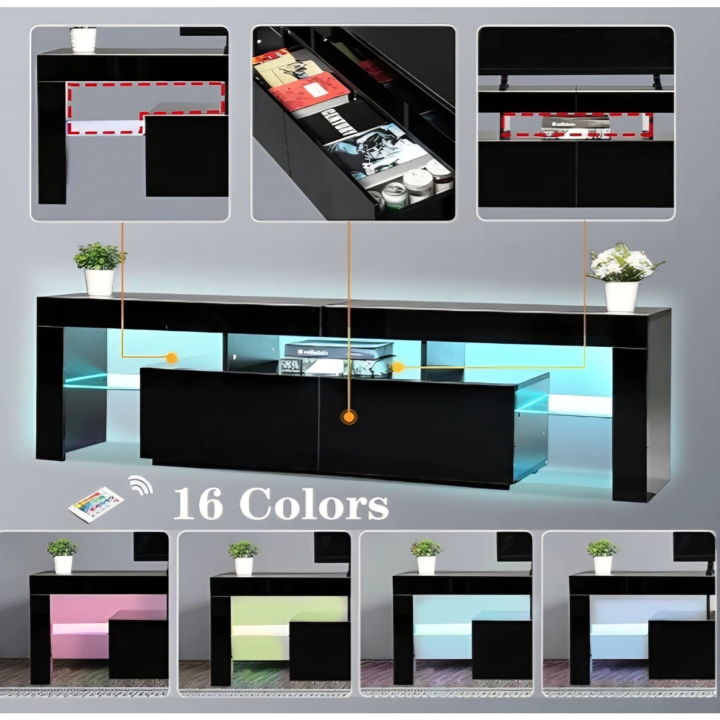 Black TV Stand, 60 65 70 75 inch Wood TV Stand, High Glossy Entertainment Center with Large Draw
