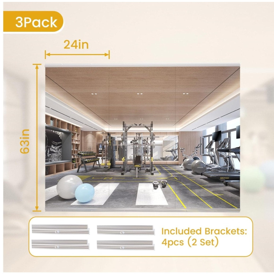 63X24 3Pack Large Home Gym Mirror, Frameless Tempered Glass Dance Wall Mounted Mirror for Home,Yoga