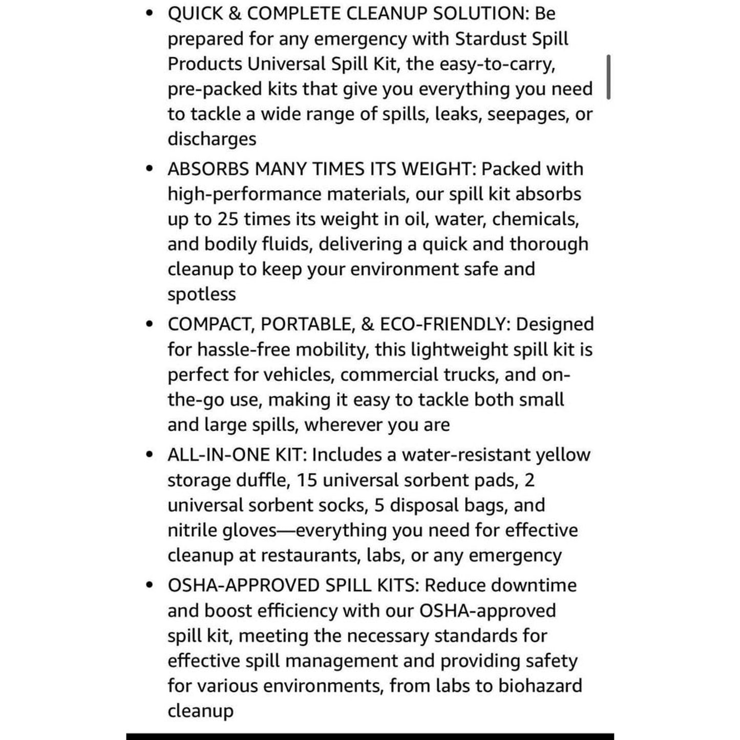 Stardust Spill Products Universal Spill Kit – OSHA Approved Solution for Vehicles, Industrial, & Res
