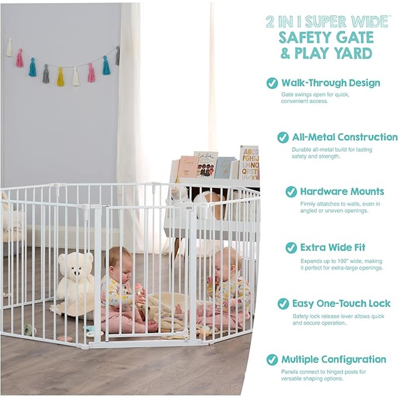 Regalo Safety 50.5-192"Wx28"H, Super Wide Baby Gate, 2-in-1 Convertible Extra Safety Barrier, White