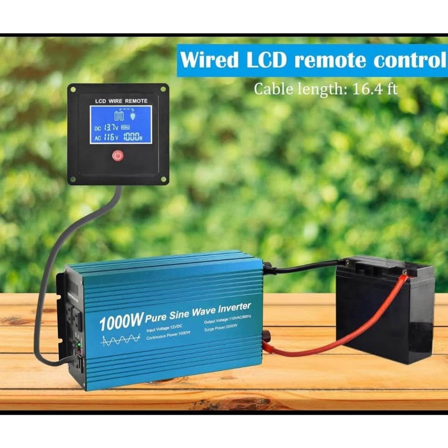 Pure Sine Wave Power Inverter 1000W DC12V to AC 110V with Dual sockets and USB, LCD Remote kit. (100