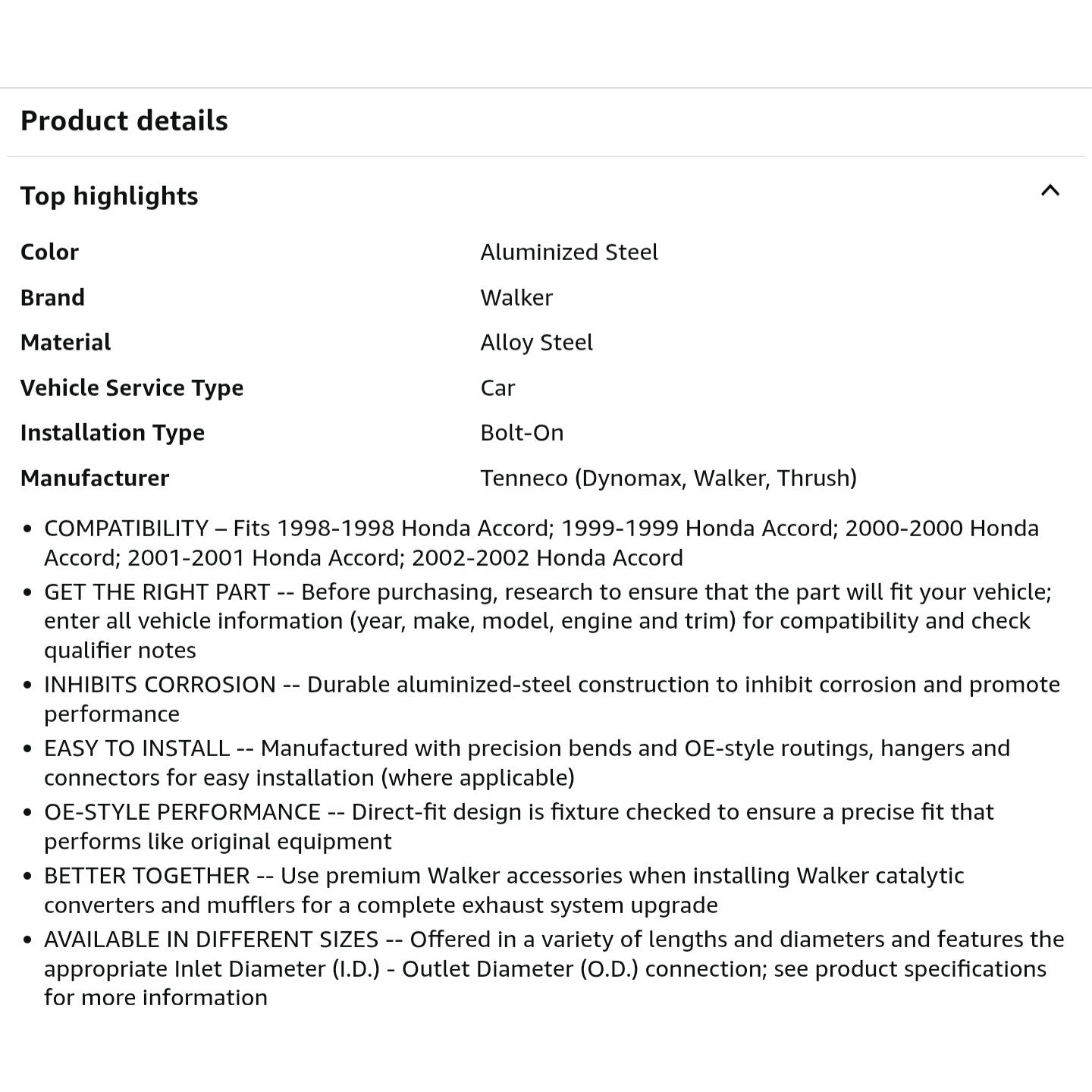 Walker 53547 Exhaust Pipe for Honda Accord