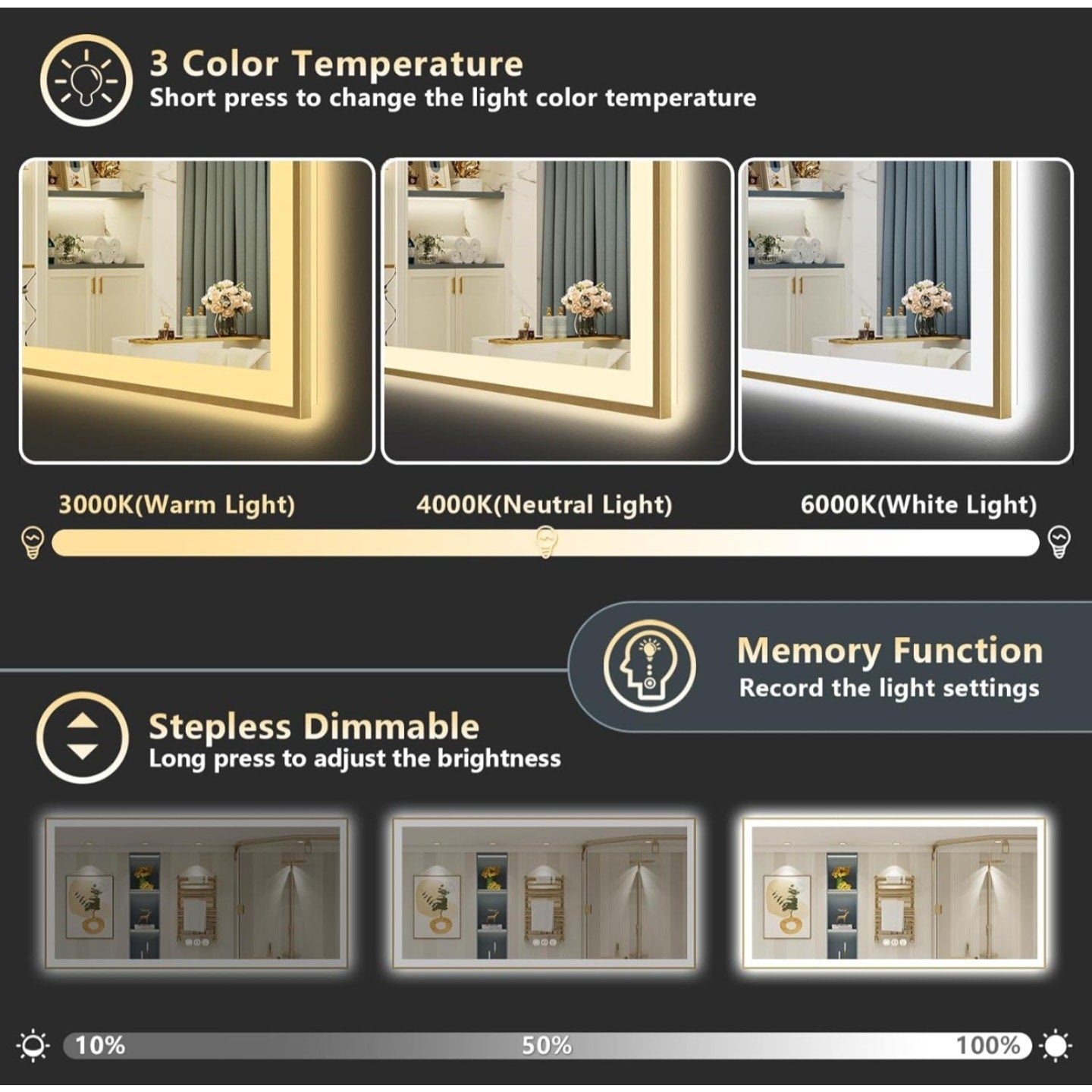 84x32 Gold Framed LED Bathroom Mirror with Lights, Backlit + Front Lit, Anti-Fog Lighted Vanity