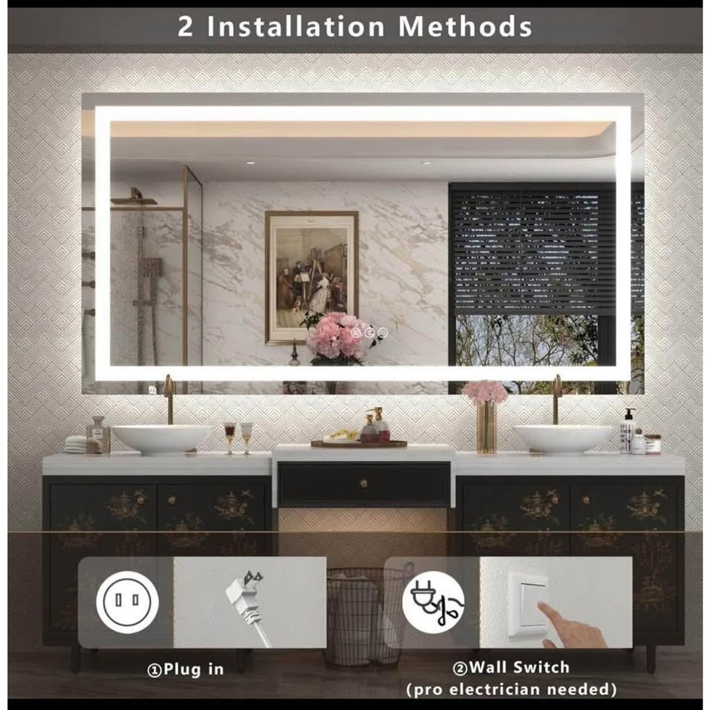 Led Bathroom Mirror 60x36, Large Illuminated Dimmable Vanity Mirror with Lights, Backlit and Front L
