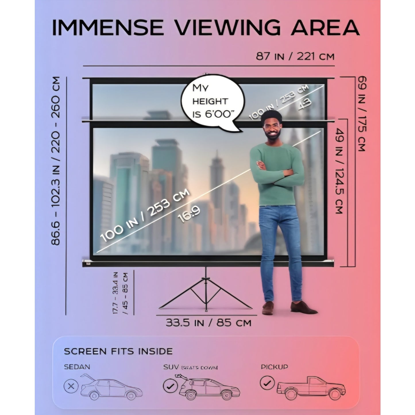 PropVue Projector Screen with Stand 100 inch - Indoor and Outdoor Projection Screen for Movie or Office