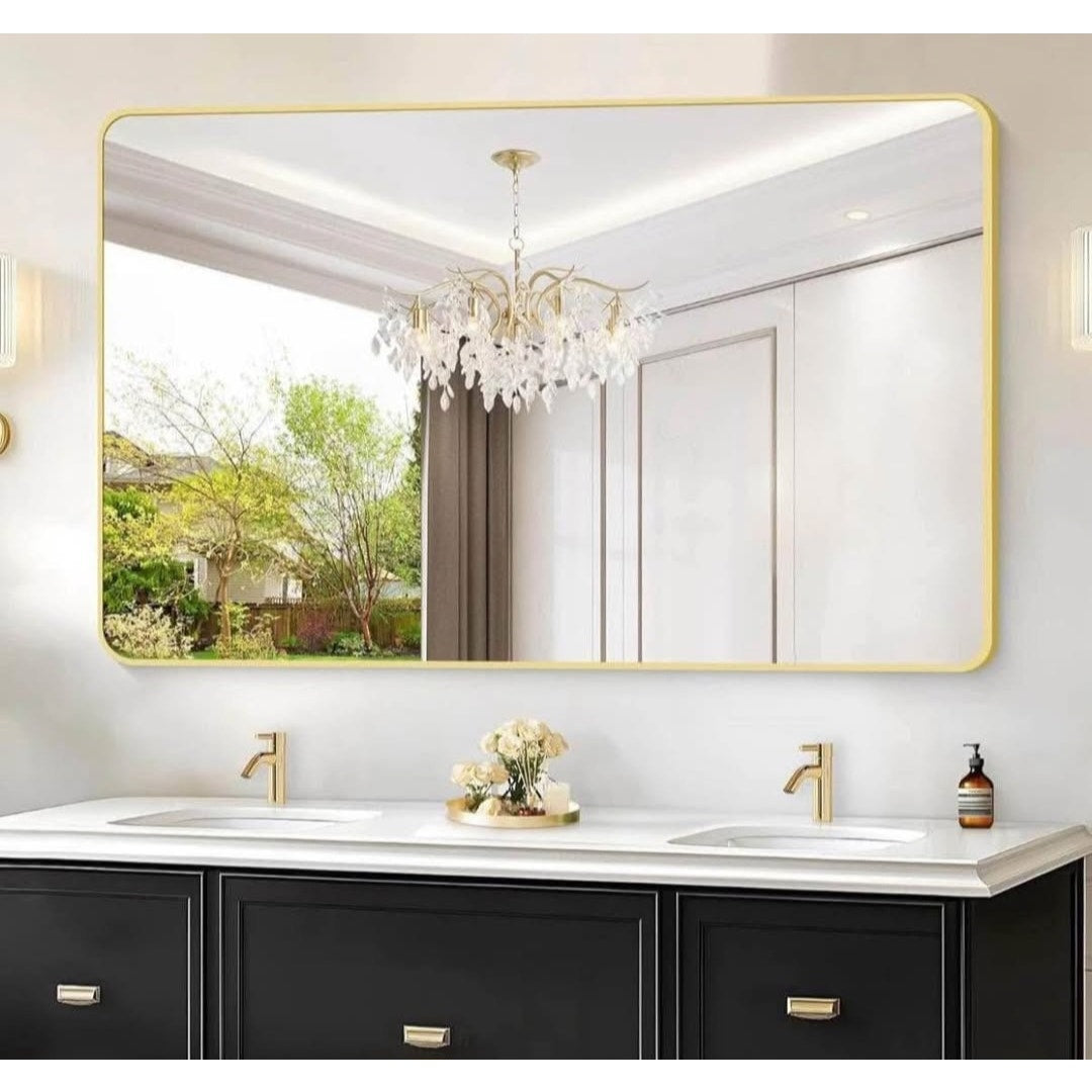 55"x36" Gold Bathroom Mirror, Large Rectangle Mirror, Rectangular Wall Mirror, Rounded Corner Vanit
