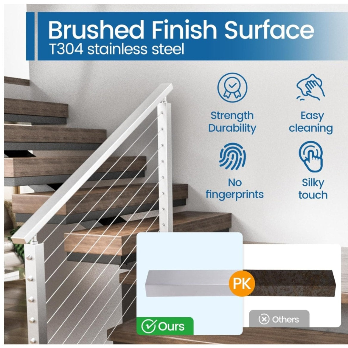 6'6" Stainless Rectangular Handrail Top Rail Cable Railing System Deck Stair Indoor Outdoor