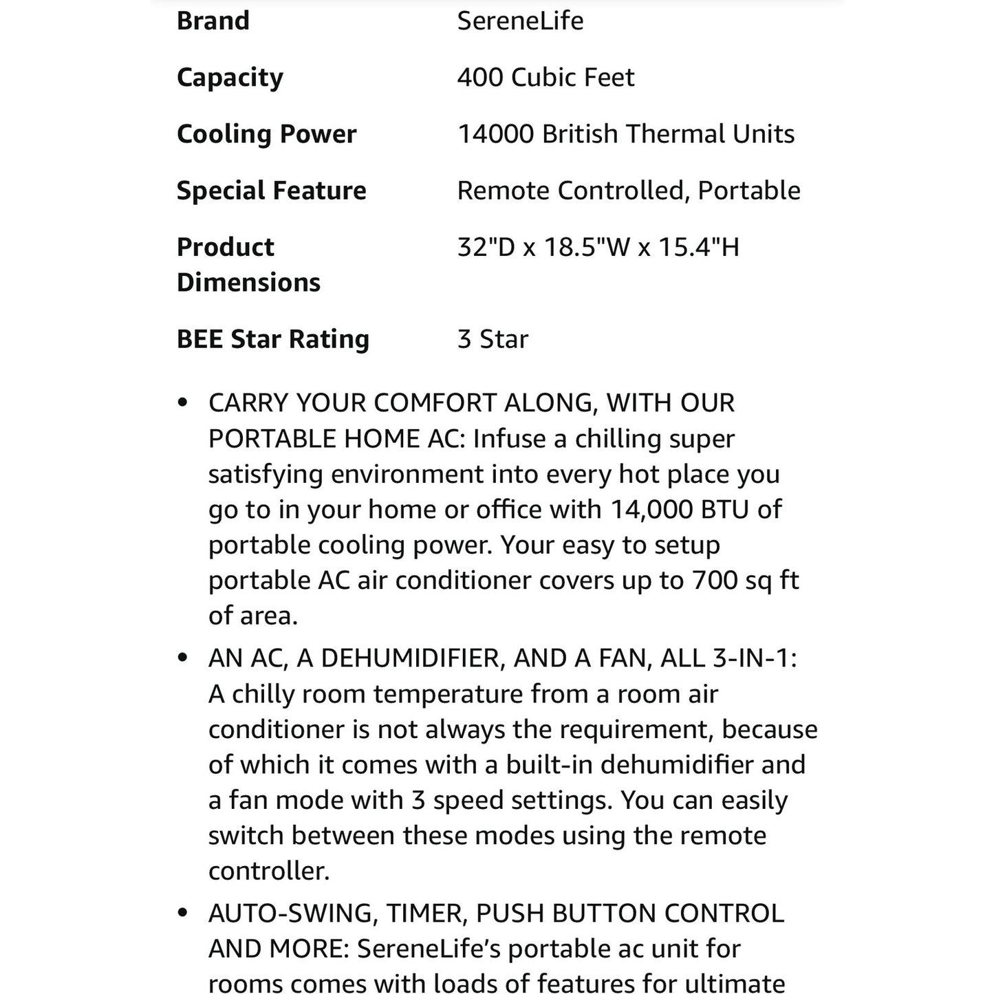 SereneLife Small Air Conditioner Portable 14,000 BTU with Built-in Dehumidifier - Portable AC unit