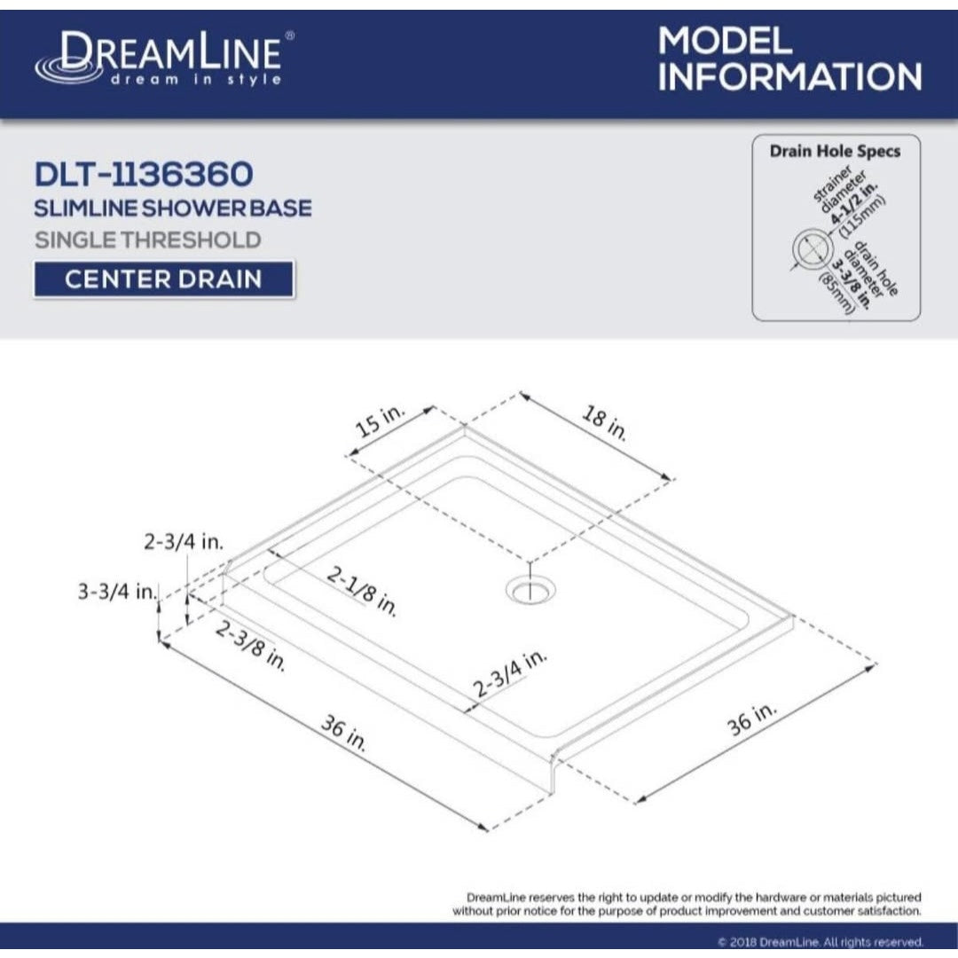 Dreamline DLT-1136360 Slimline Single Threshold Shower Base 36' x 36' x 2 3/4' in White