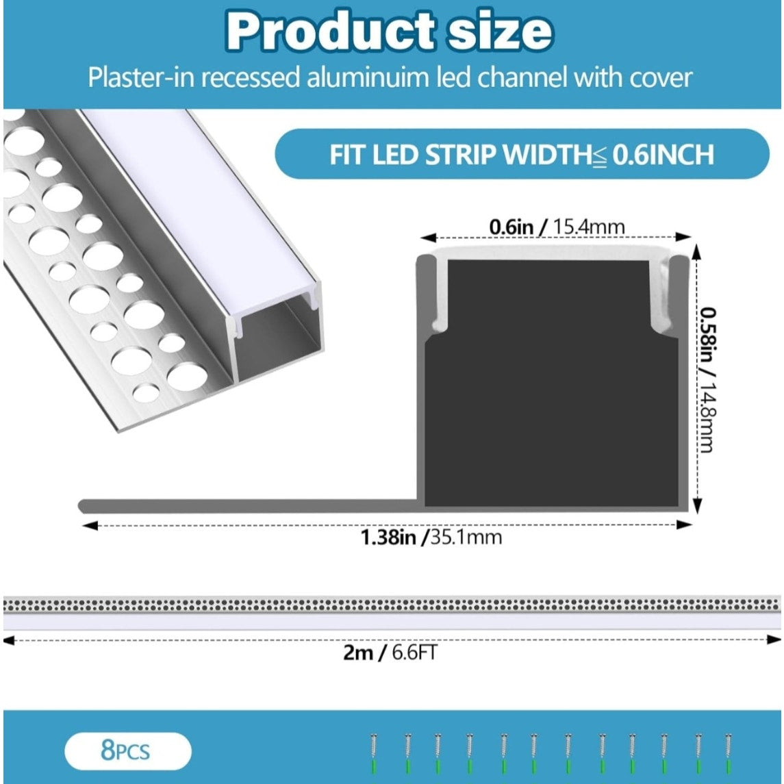 8 Pcs 6.6ft/ 2 Meter Plaster in LED Channel Trimless Single Sided LED Diffuser Channel Recessed